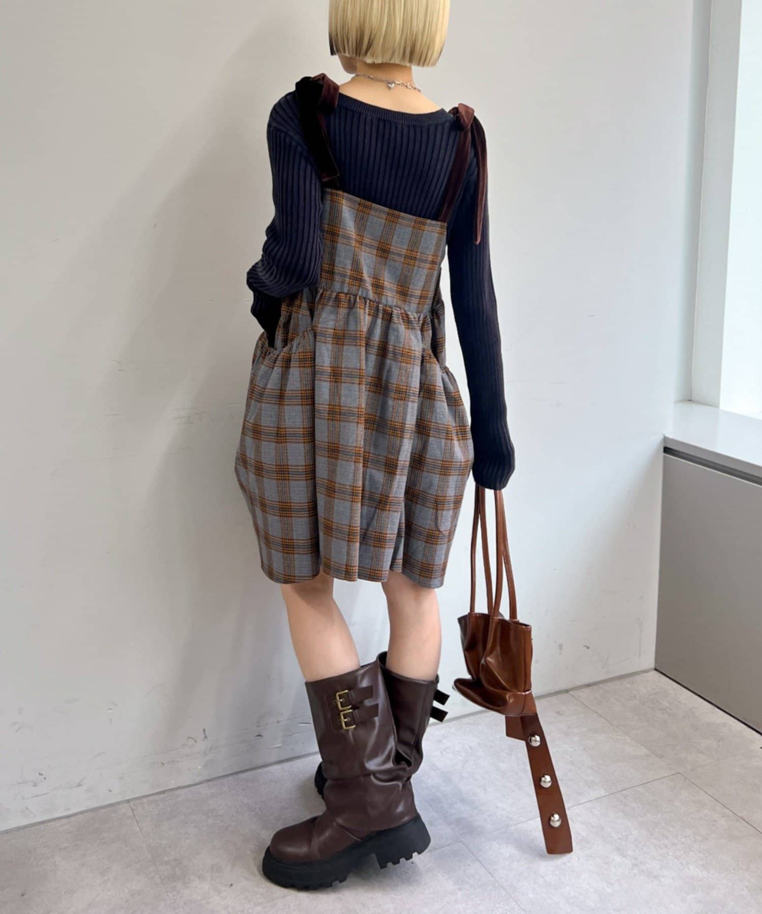 OUTLET(アウトレット) 【w closet】肩リボンチェックキャミワンピース