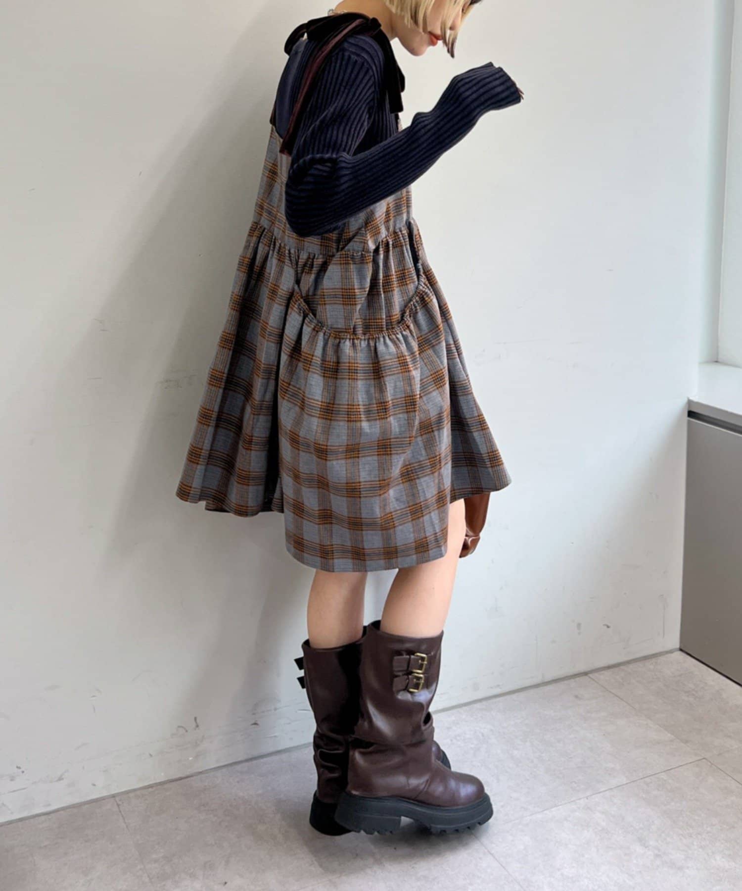 OUTLET(アウトレット) 【w closet】肩リボンチェックキャミワンピース