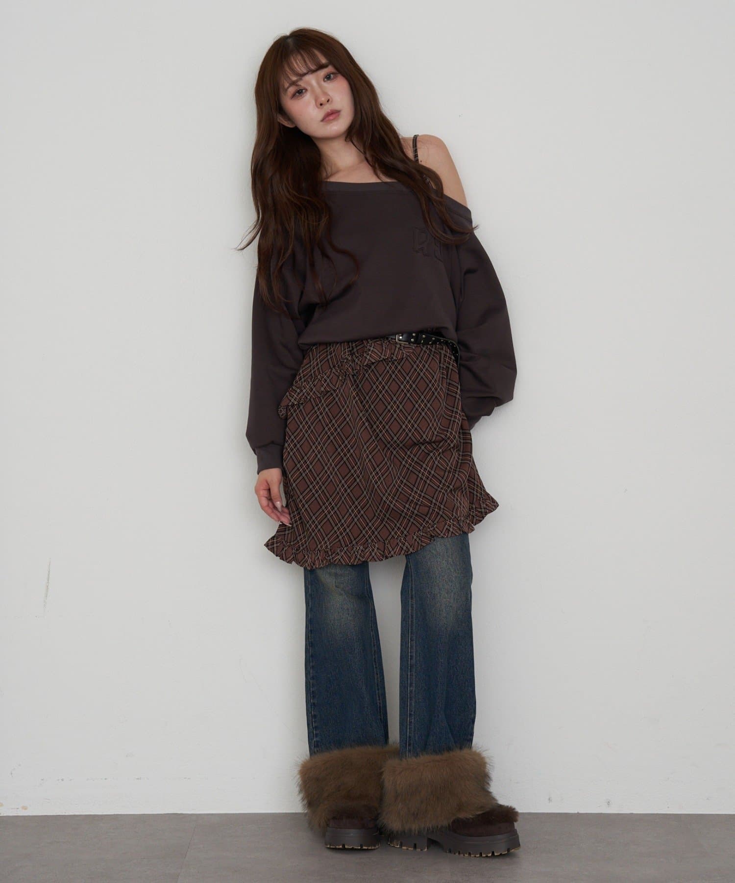 OUTLET(アウトレット) 【RAY CASSIN】オフショルスウェットレイヤードチェックワンピース