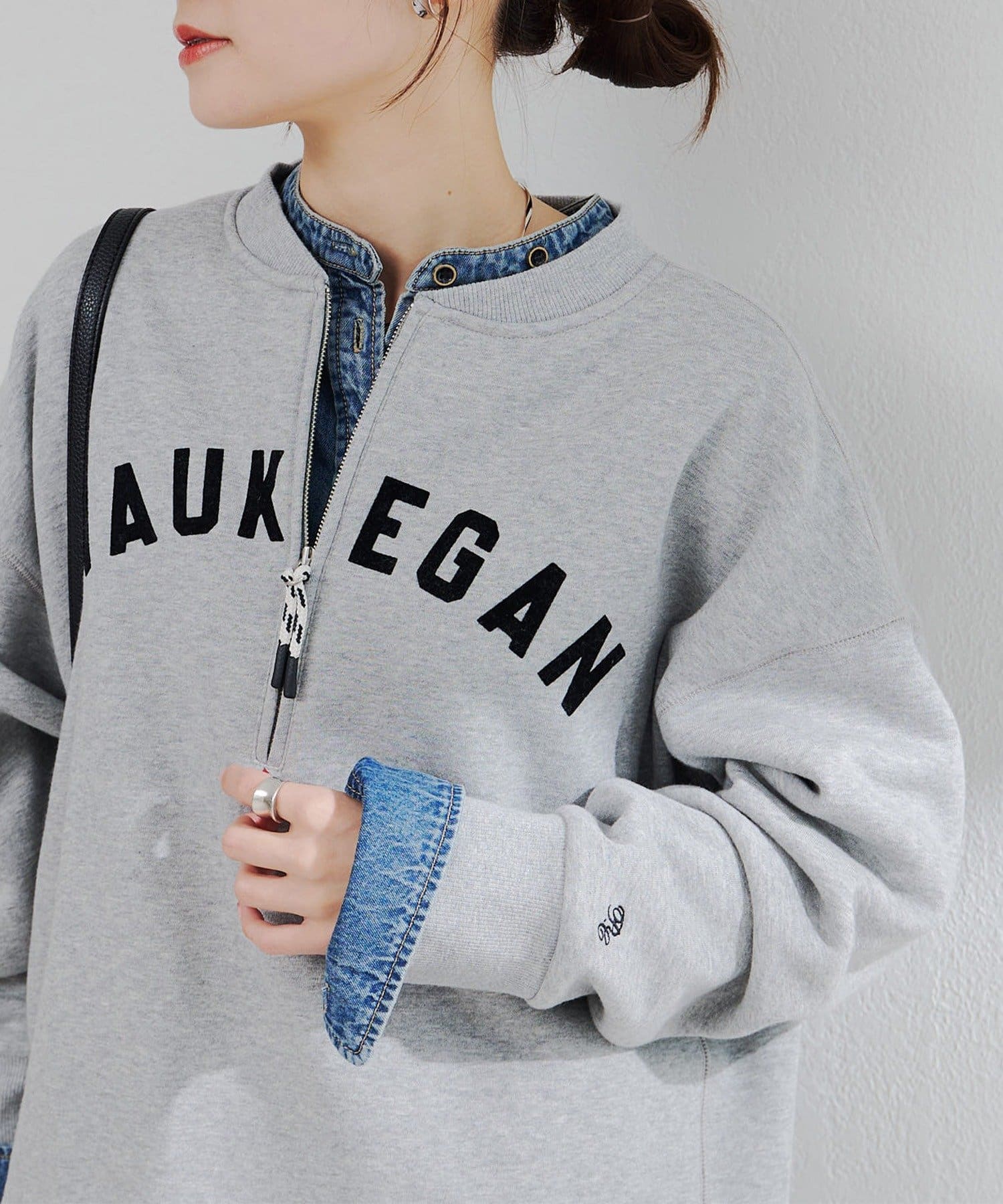 PUAL CE CIN(ピュアルセシン) フロッキープリントハーフジップ裏起毛スウェット