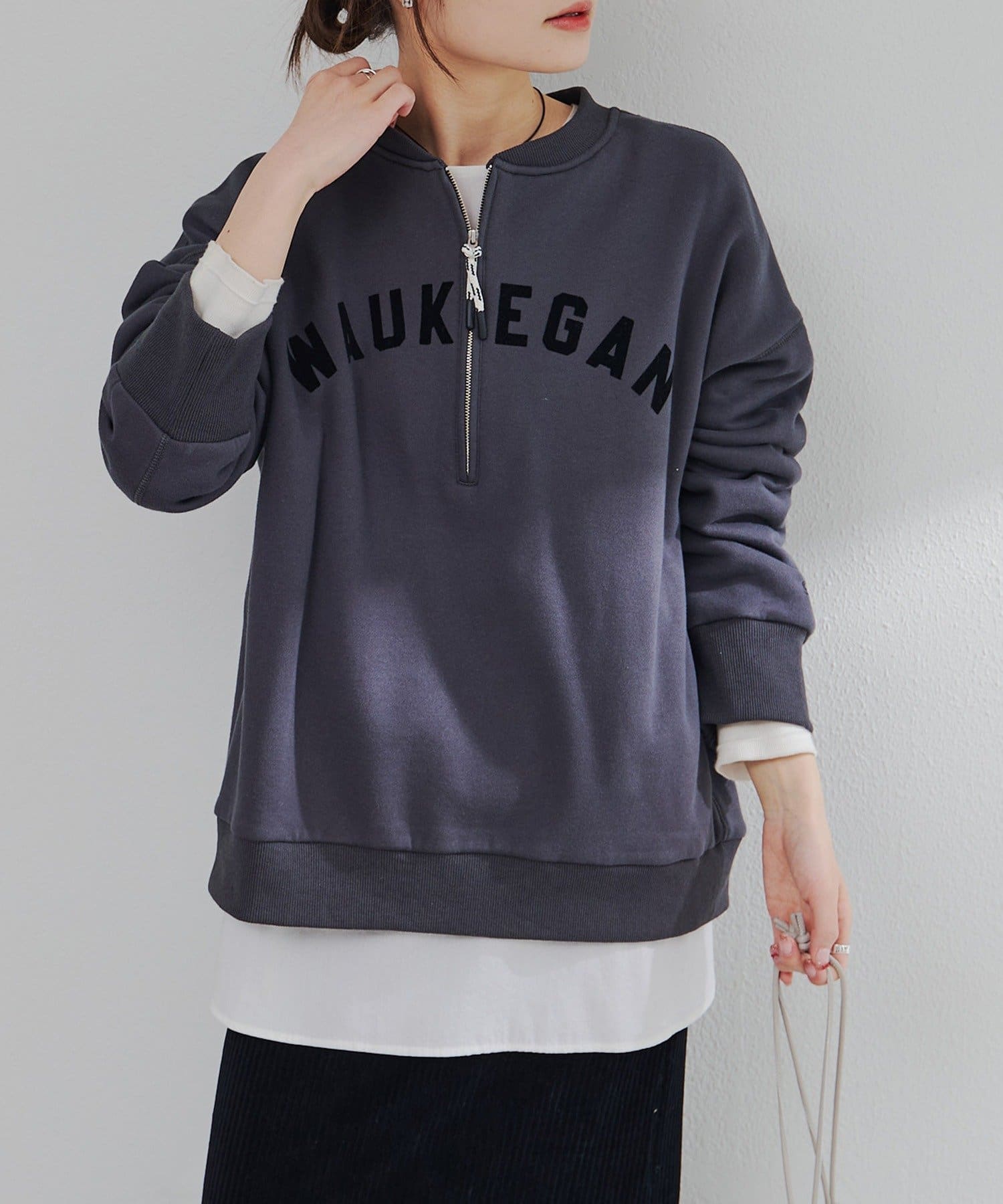 PUAL CE CIN(ピュアルセシン) フロッキープリントハーフジップ裏起毛スウェット