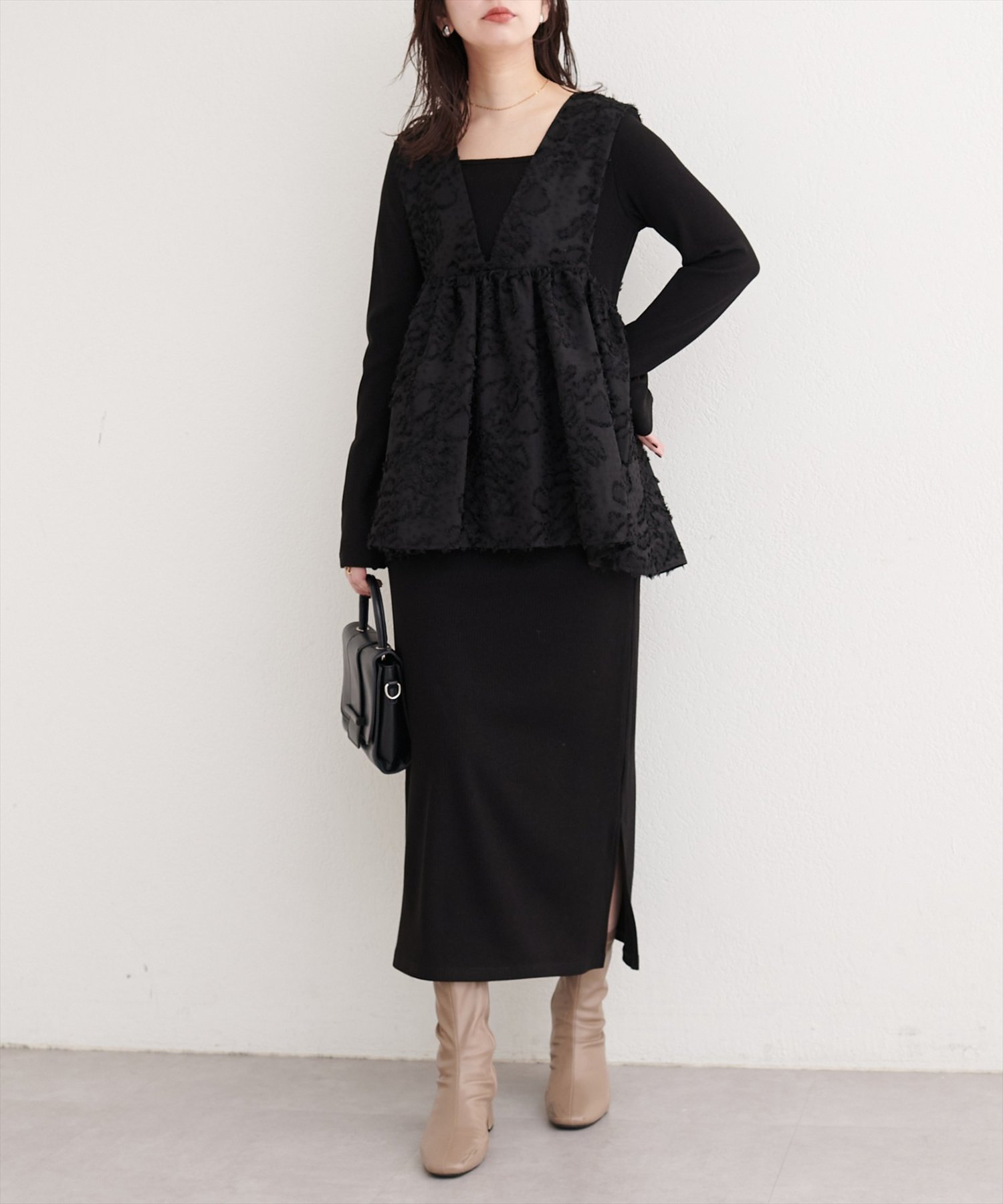 natural couture(ナチュラルクチュール) お花ジャガードベスト×ラメワンピースセット