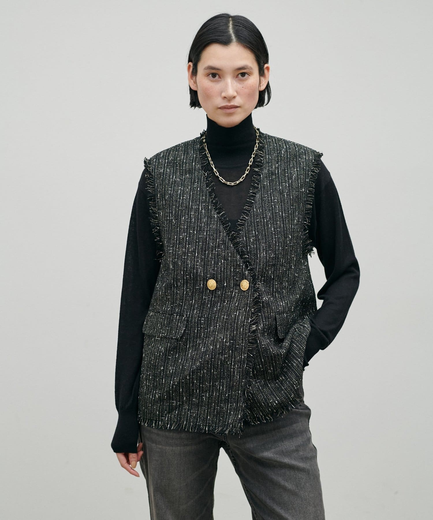 LARUTA(ラルータ) セレモニー対応可／ラメ糸フリンジツイードベスト