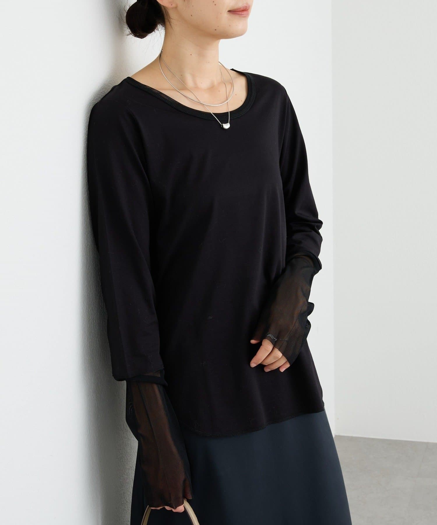 RIVE DROITE(リヴドロワ) 予約【袖口のチュールがアクセントに】チュールキリカエカットソー/2月上旬お届け予定