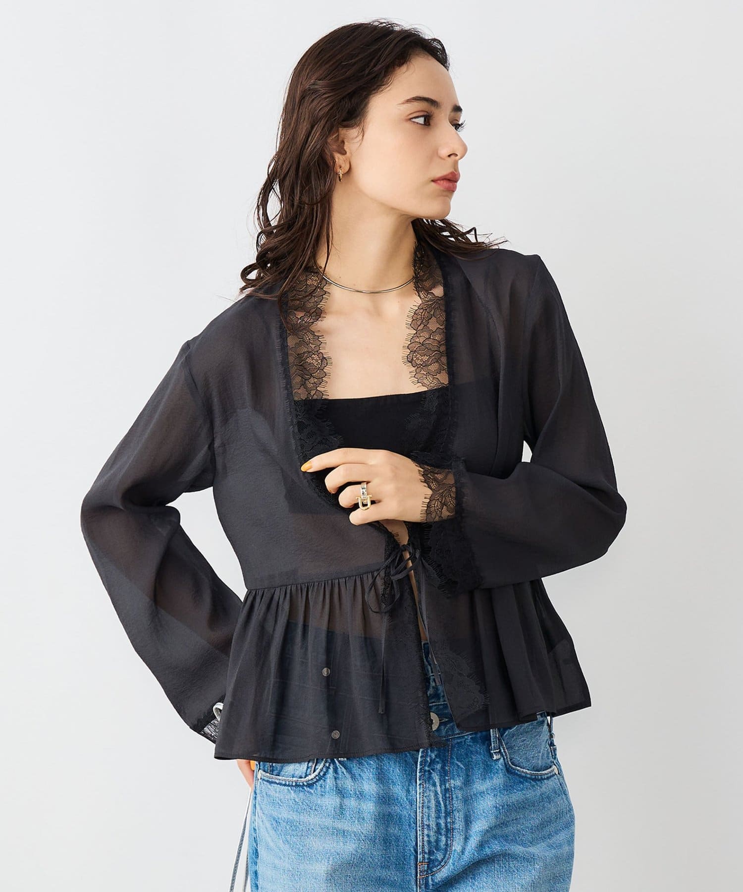 NOLLEY'S(ノーリーズ) ウォッシャブルレーストリミングオーガンジーブラウス