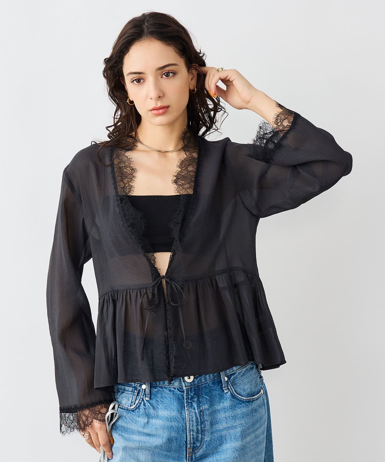 NOLLEY'S(ノーリーズ) ウォッシャブルレーストリミングオーガンジーブラウス