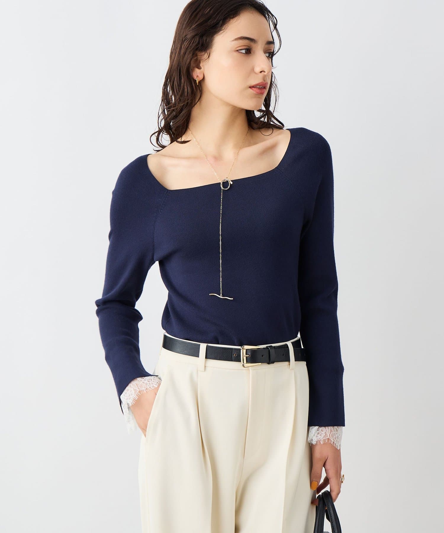 NOLLEY'S(ノーリーズ) 《手洗い可能》袖口レース取り外し可総針スクエアネックプルオーバー