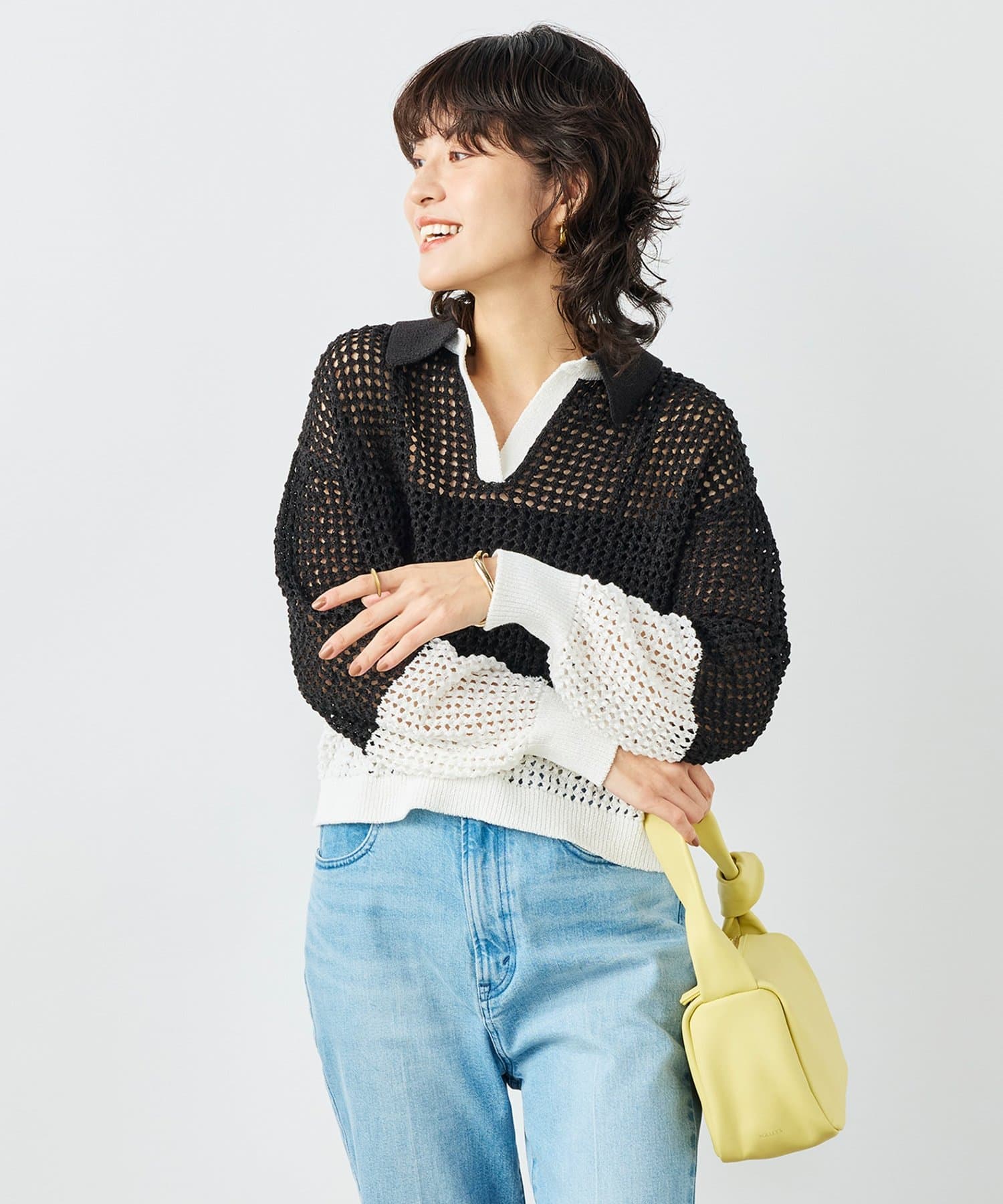 NOLLEY'S(ノーリーズ) 《手洗い可能》テープメッシュ編ポロプルオーバー