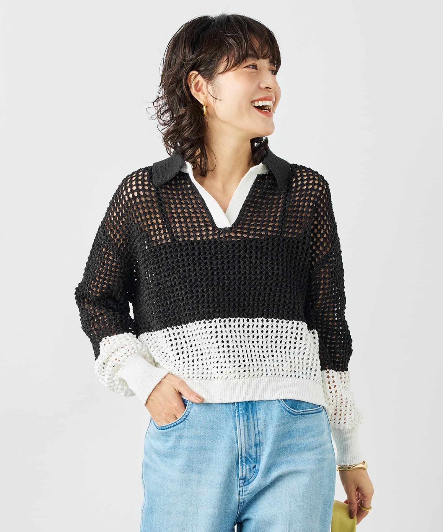 NOLLEY'S(ノーリーズ) 《手洗い可能》テープメッシュ編ポロプルオーバー