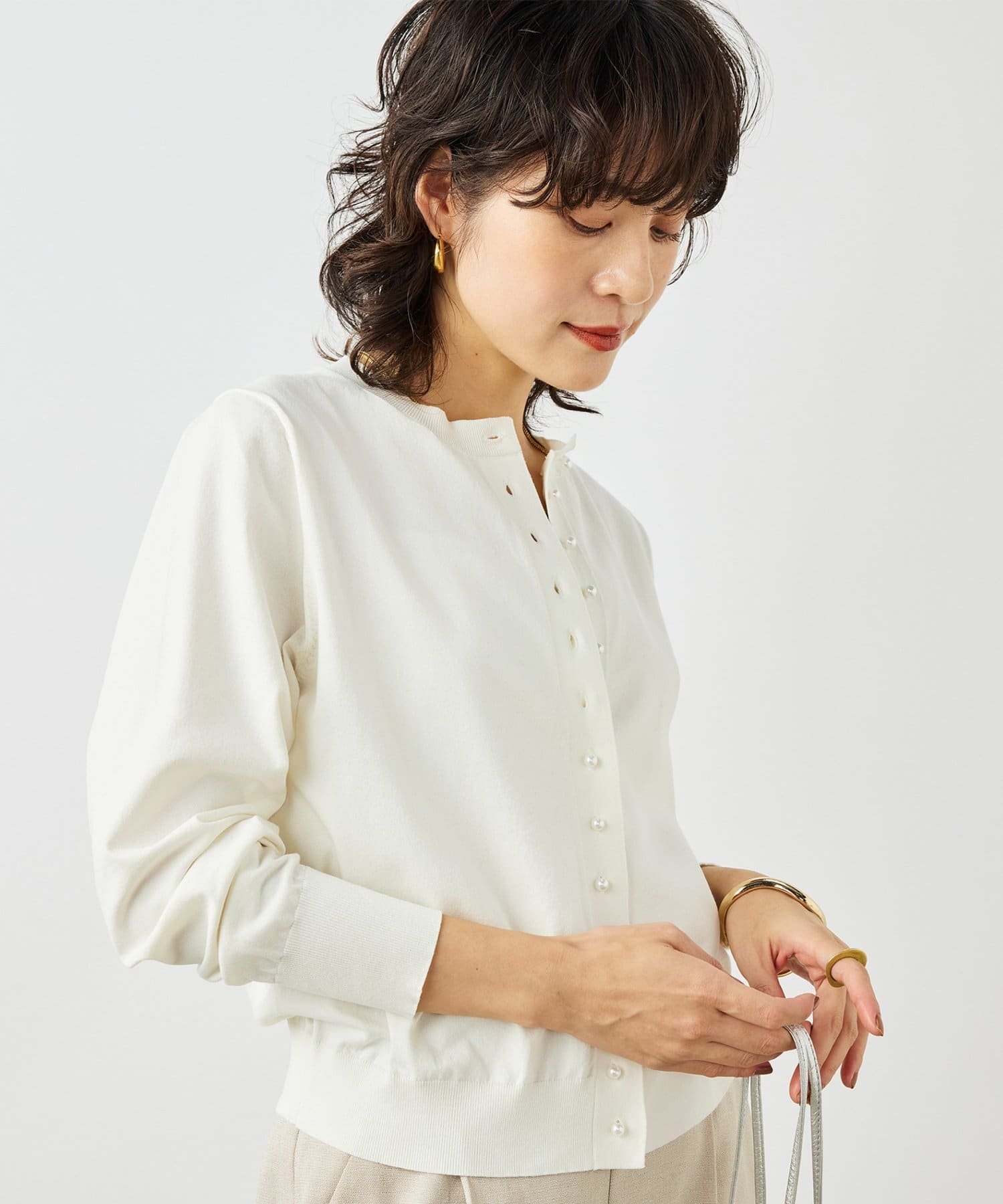 NOLLEY'S(ノーリーズ) 《手洗い可能》コットンテックスクルーネックカーディガン