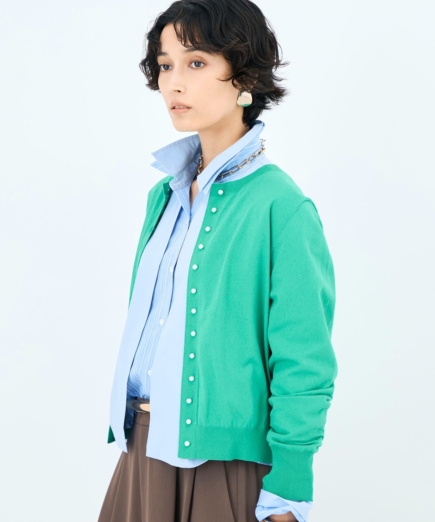 NOLLEY'S(ノーリーズ) 《手洗い可能》コットンテックスクルーネックカーディガン