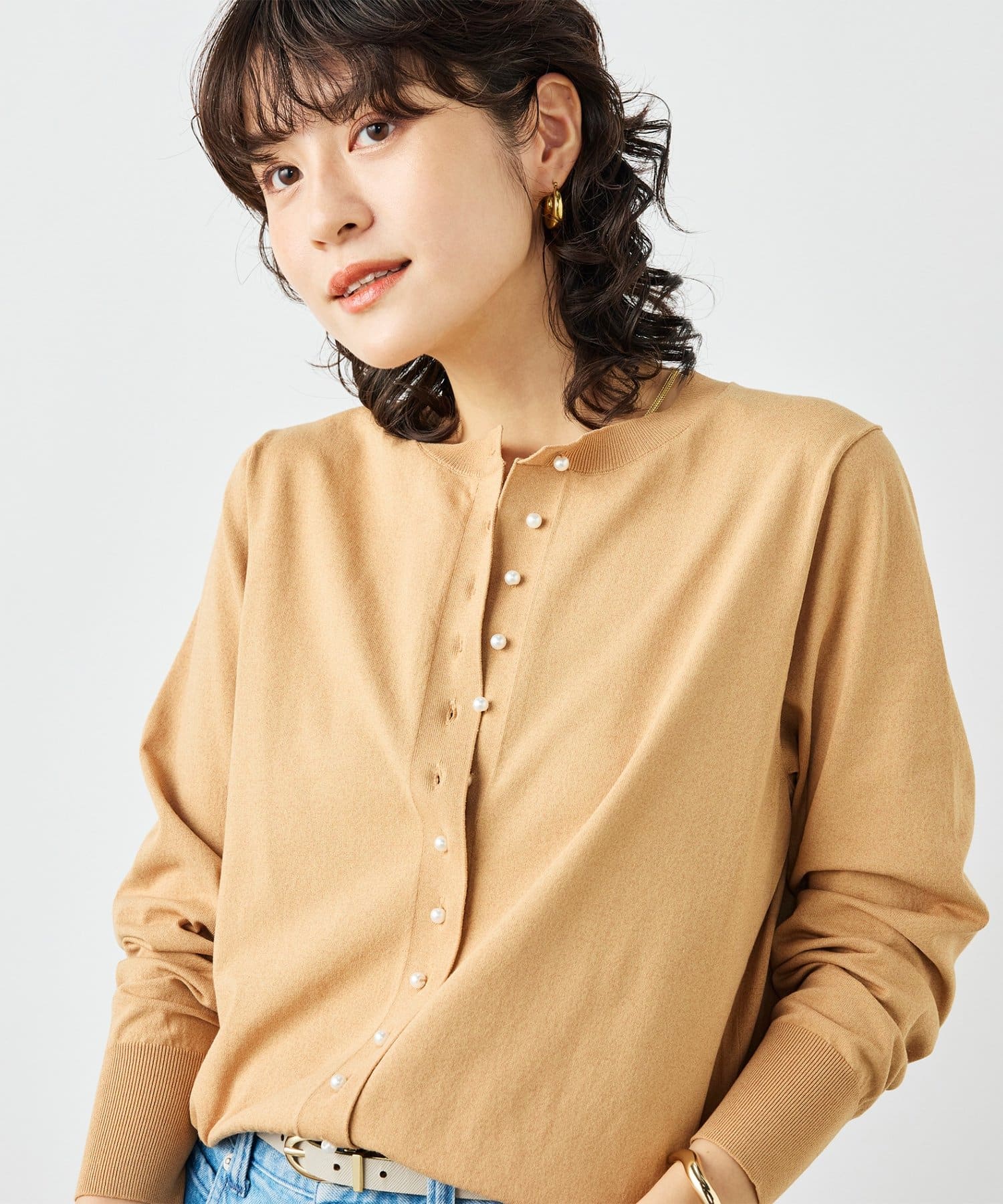 NOLLEY'S(ノーリーズ) 《手洗い可能》コットンテックスクルーネックカーディガン