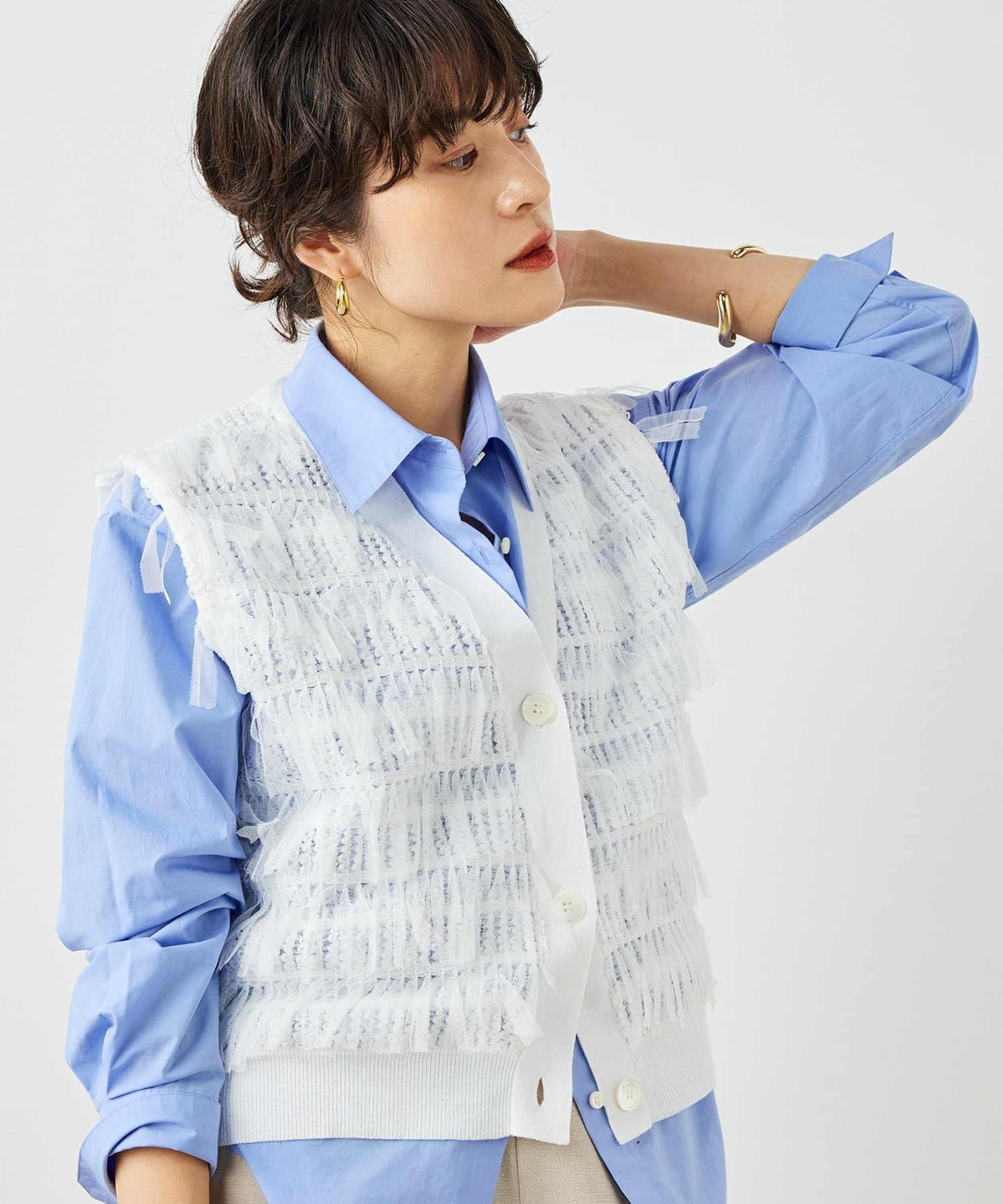 NOLLEY'S(ノーリーズ) 《手洗い可能》チュールフリンジVネックベスト