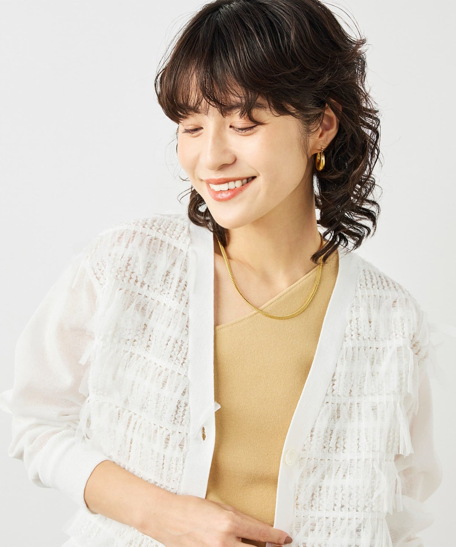 NOLLEY'S(ノーリーズ) 《手洗い可能》チュールフリンジVネックカーディガン