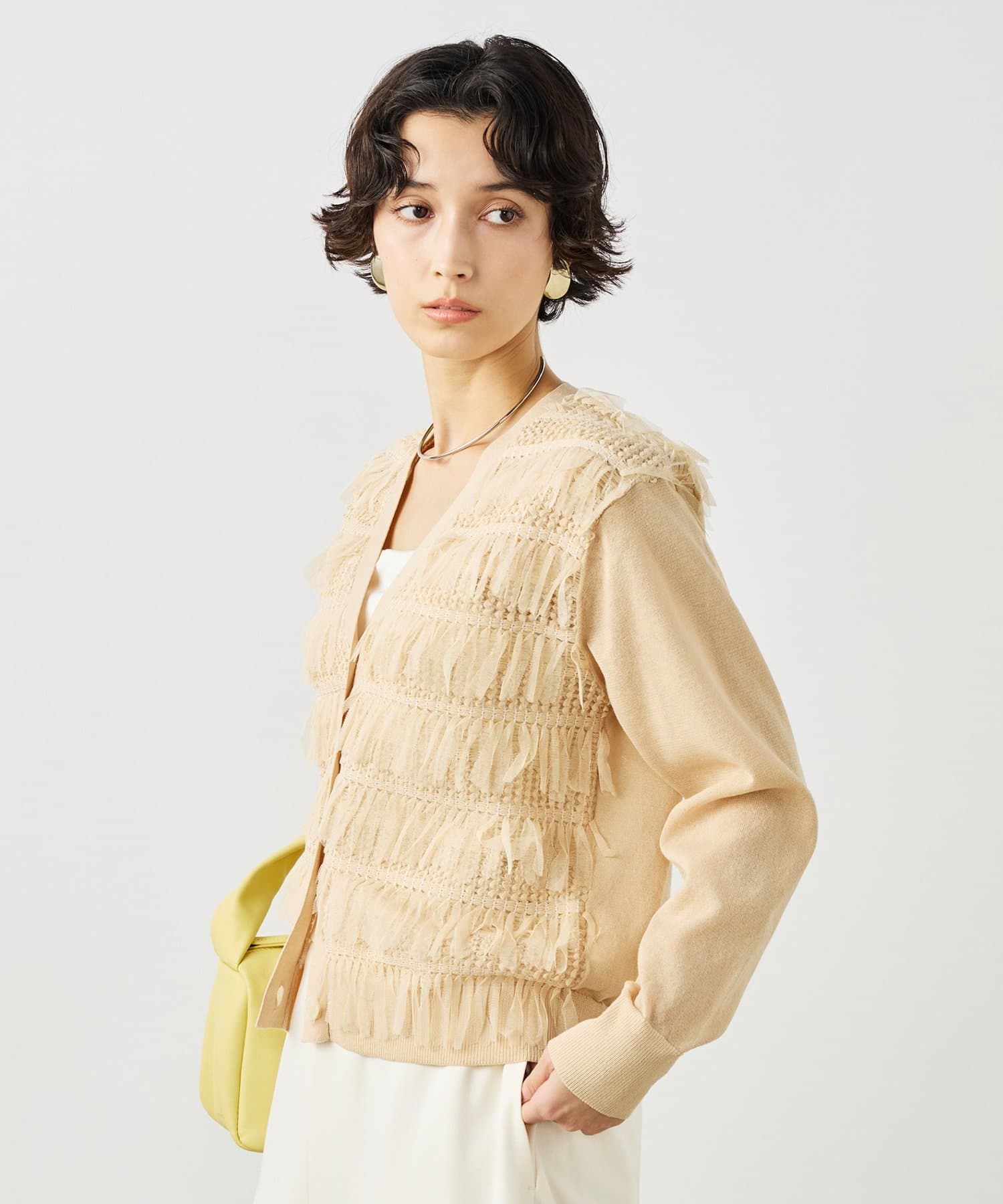 NOLLEY'S(ノーリーズ) 《手洗い可能》チュールフリンジVネックカーディガン