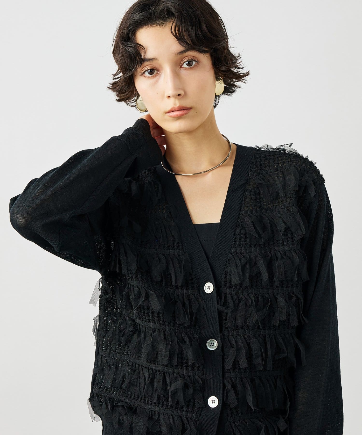 NOLLEY'S(ノーリーズ) 《手洗い可能》チュールフリンジVネックカーディガン