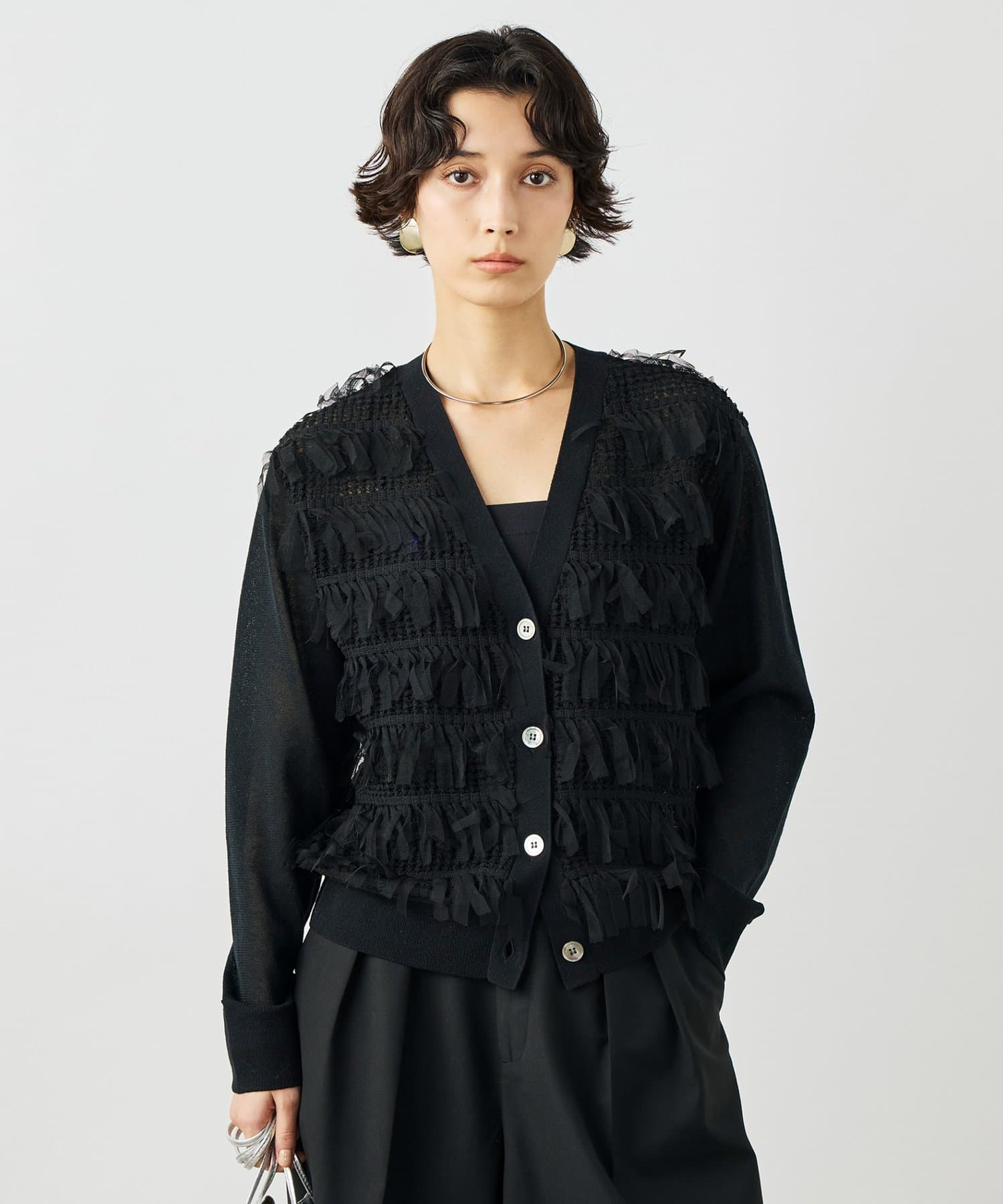NOLLEY'S(ノーリーズ) 《手洗い可能》チュールフリンジVネックカーディガン