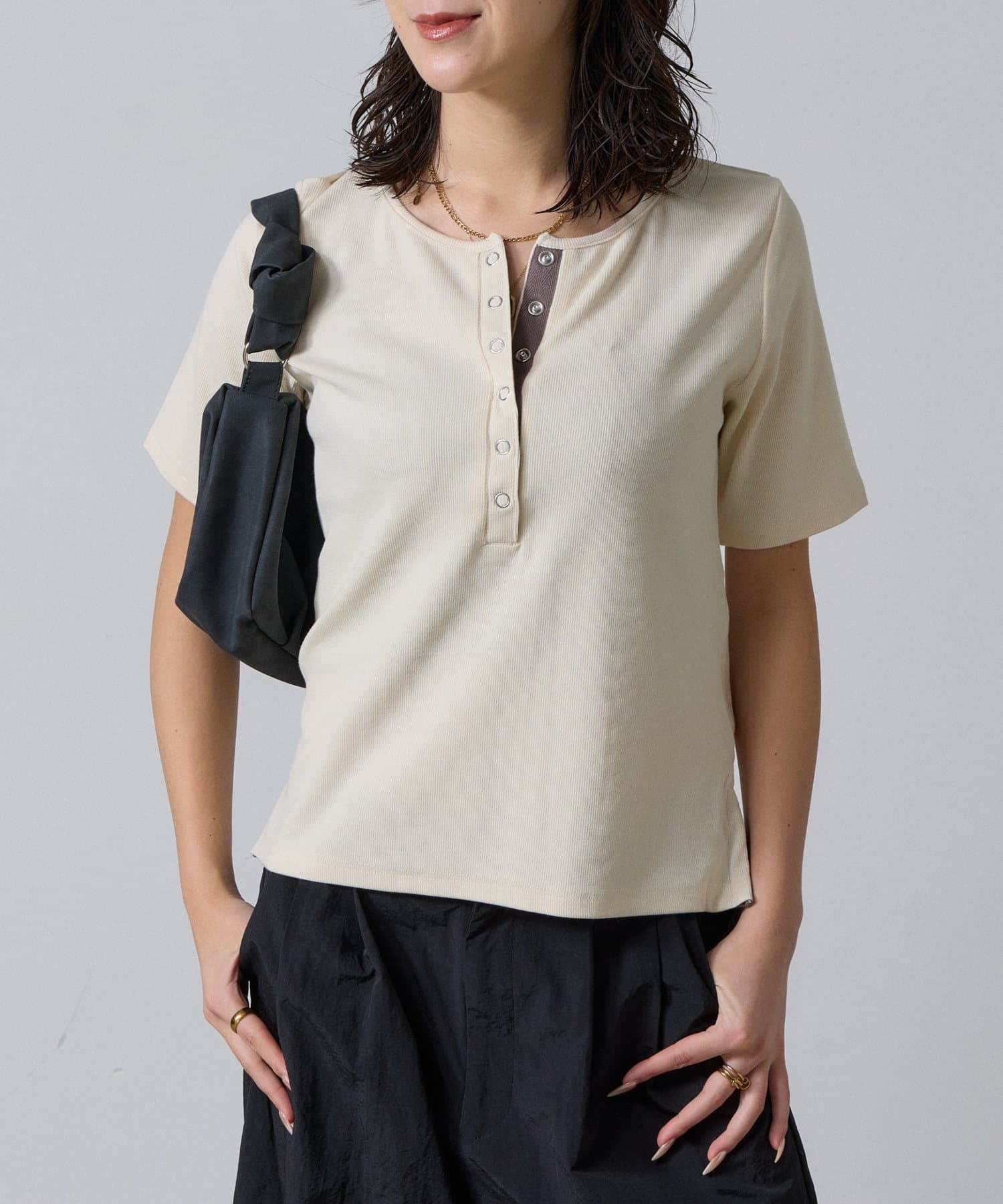 -goocy-(グーシー) テレコヘンリーネック半袖トップス