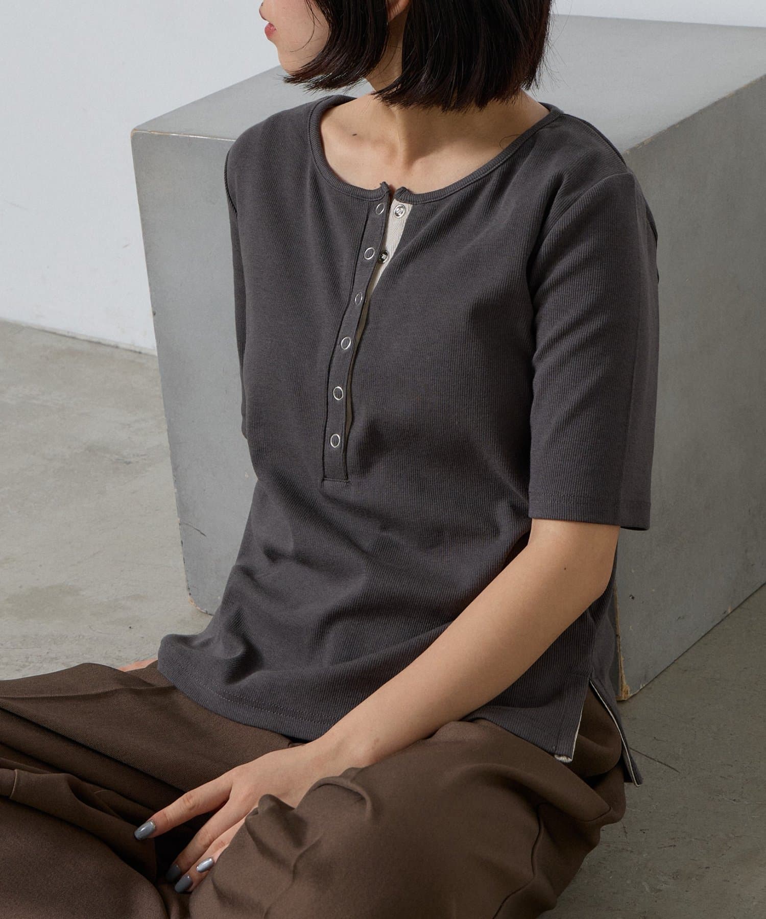 -goocy-(グーシー) テレコヘンリーネック半袖トップス