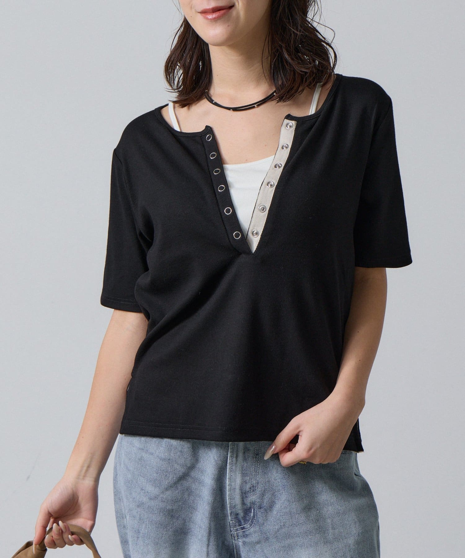 -goocy-(グーシー) テレコヘンリーネック半袖トップス