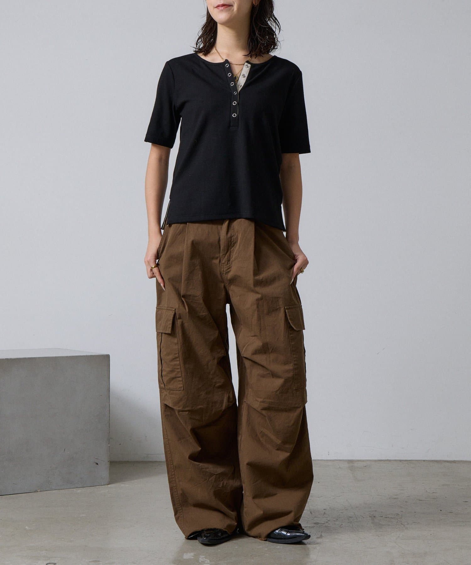 -goocy-(グーシー) テレコヘンリーネック半袖トップス