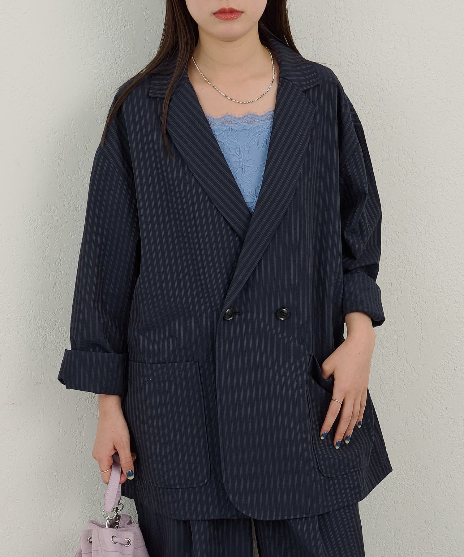 Kastane(カスタネ) 【WHIMSIC】シアーサッカーストライプ ダブルブレストジャケット