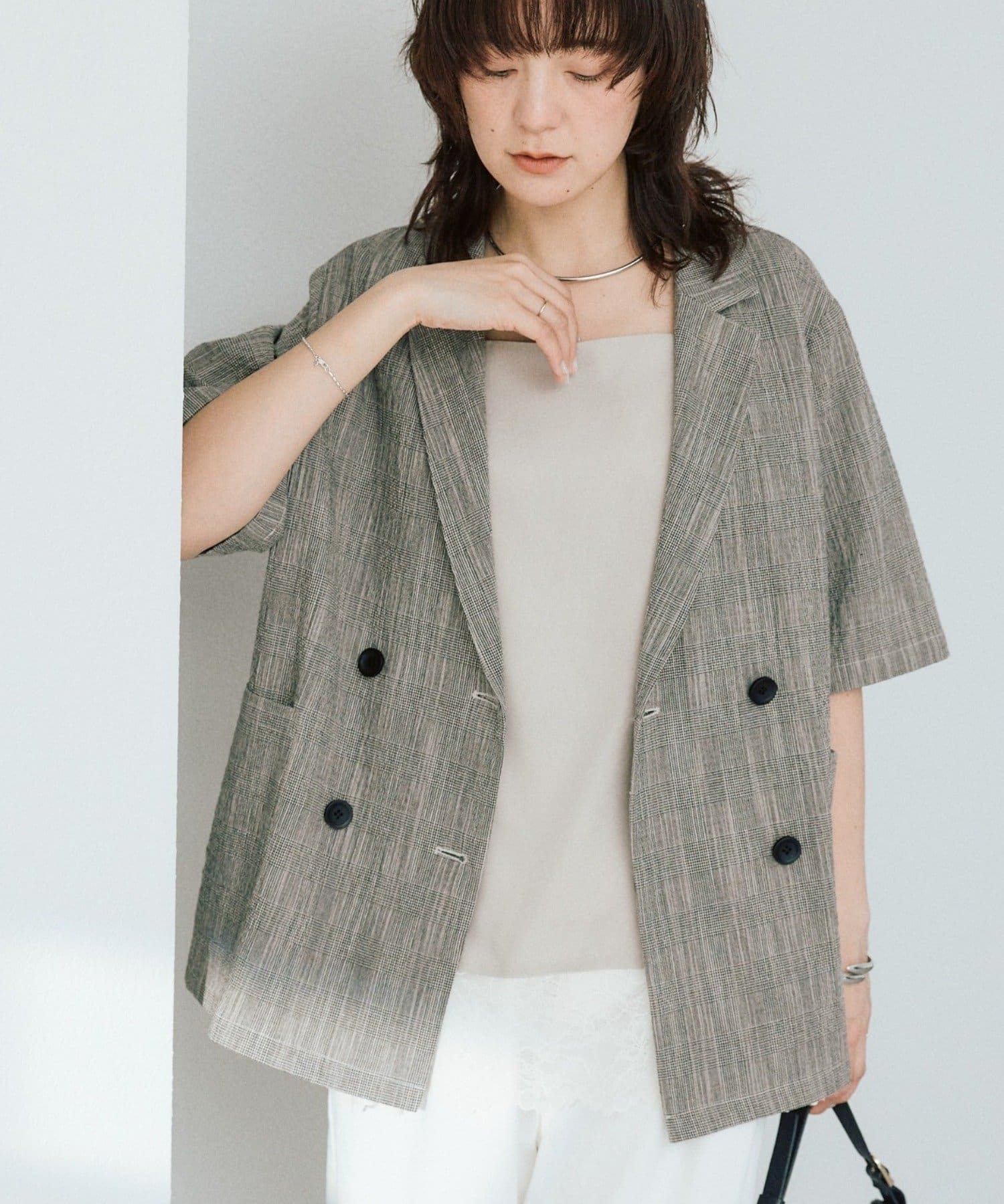 RIVE DROITE(リヴドロワ) 予約【こなれた印象に】バンピーチェックハーフスリーブジャケット/5月中旬お届け予定