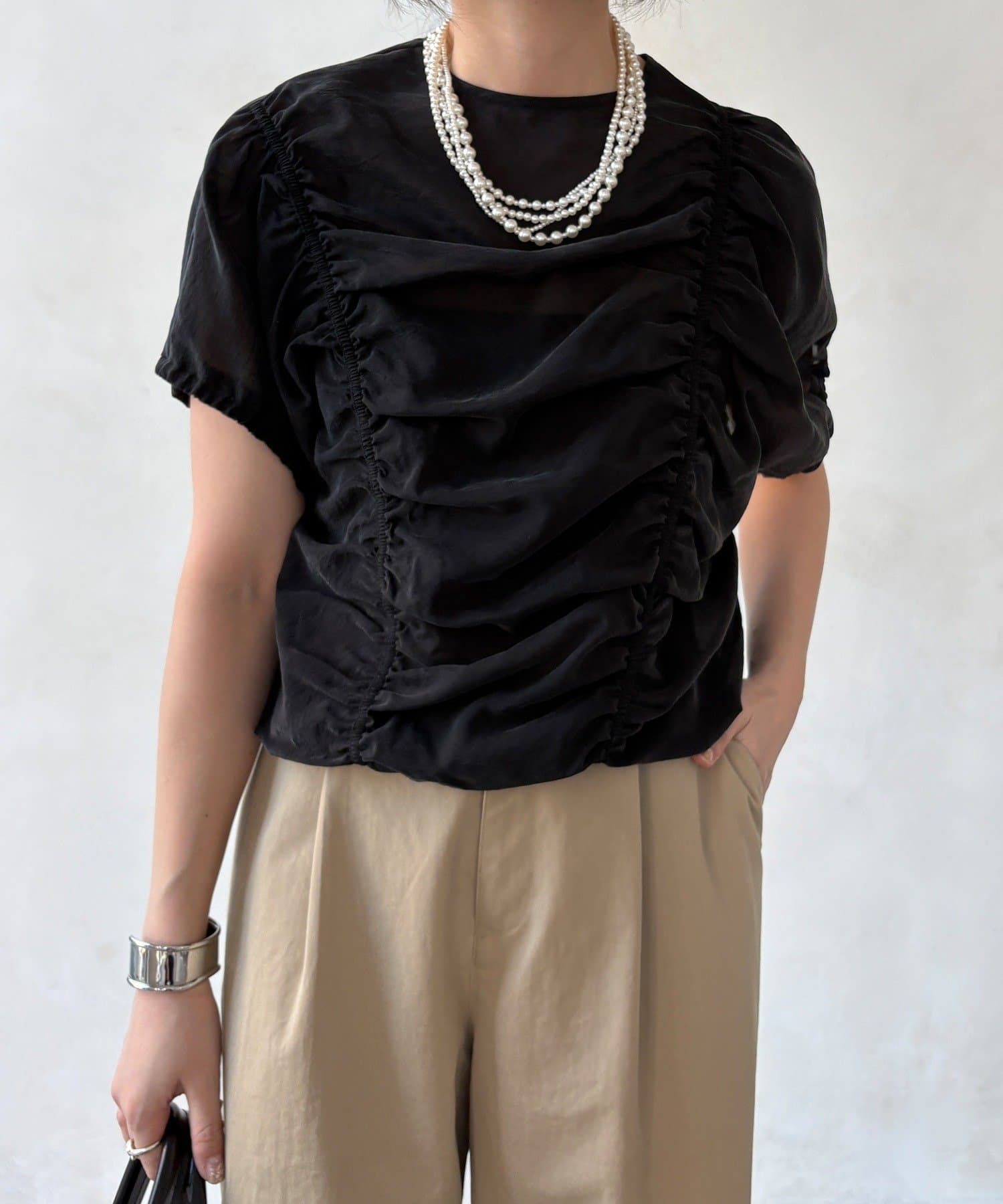 DOUDOU(ドゥドゥ) 【WEB限定】キュプラ混シャーリングブラウス