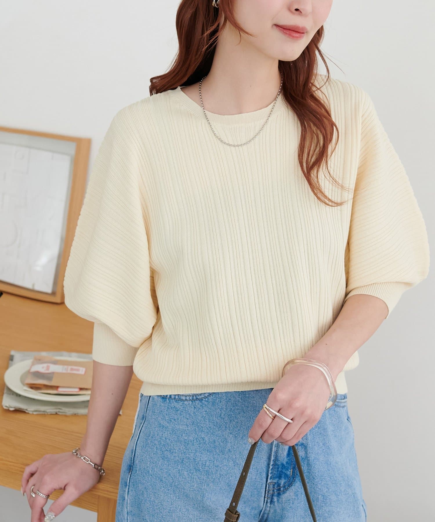 DISCOAT(ディスコート) 【WEB限定】ランダムリブボリュームスリーブ半袖ニット