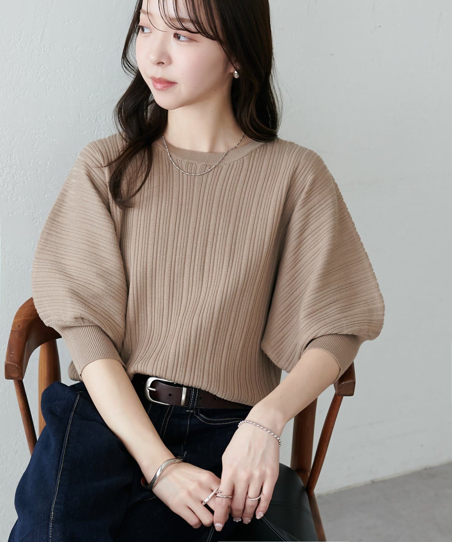 DISCOAT(ディスコート) 【WEB限定】ランダムリブボリュームスリーブ半袖ニット