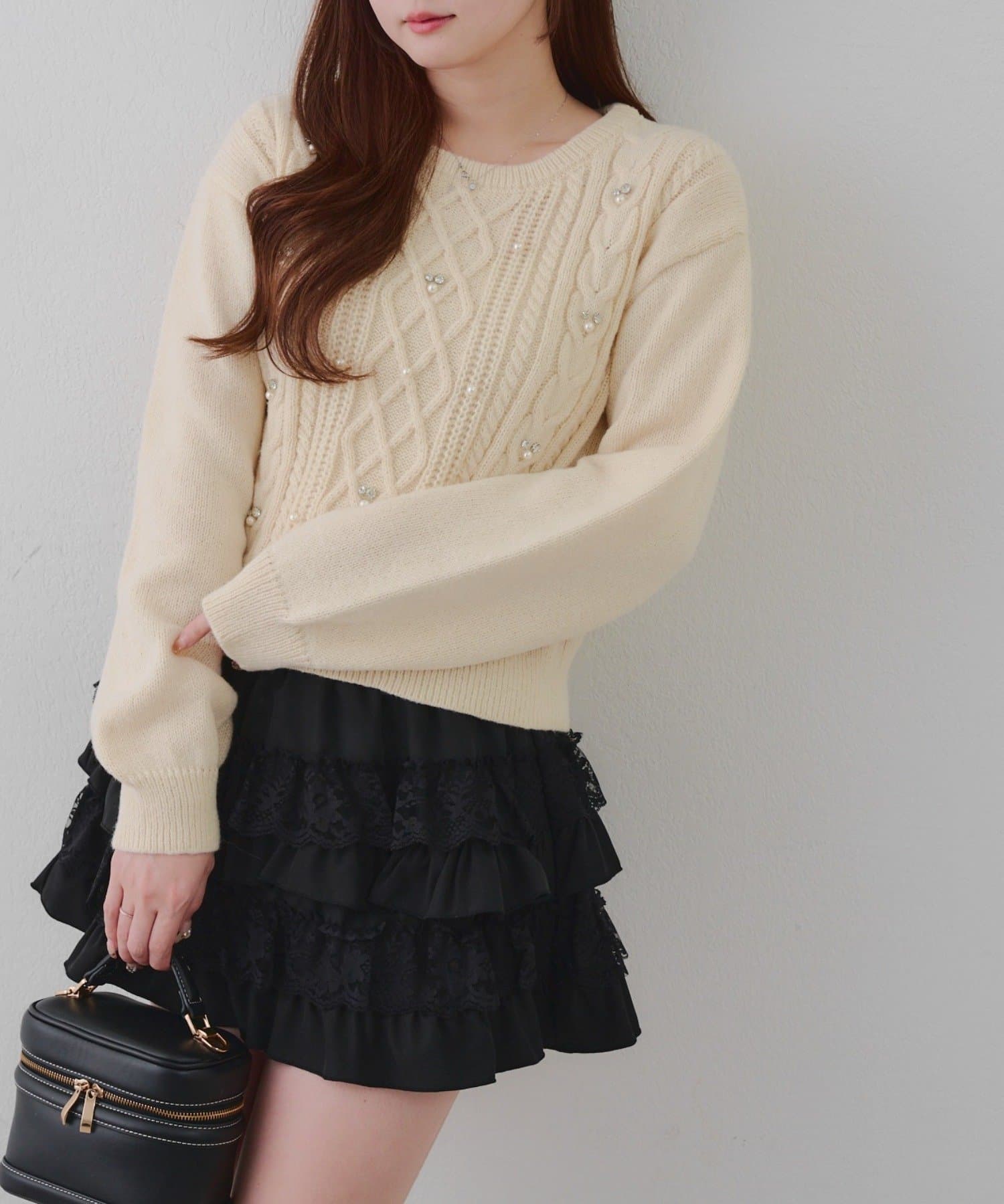 NICE CLAUP / OLIVE des OLIVE OUTLET(ナイスクラップ  / オリーブ デ オリーブ アウトレット) 【RMAF】パール付きケーブルニットプルオーバー