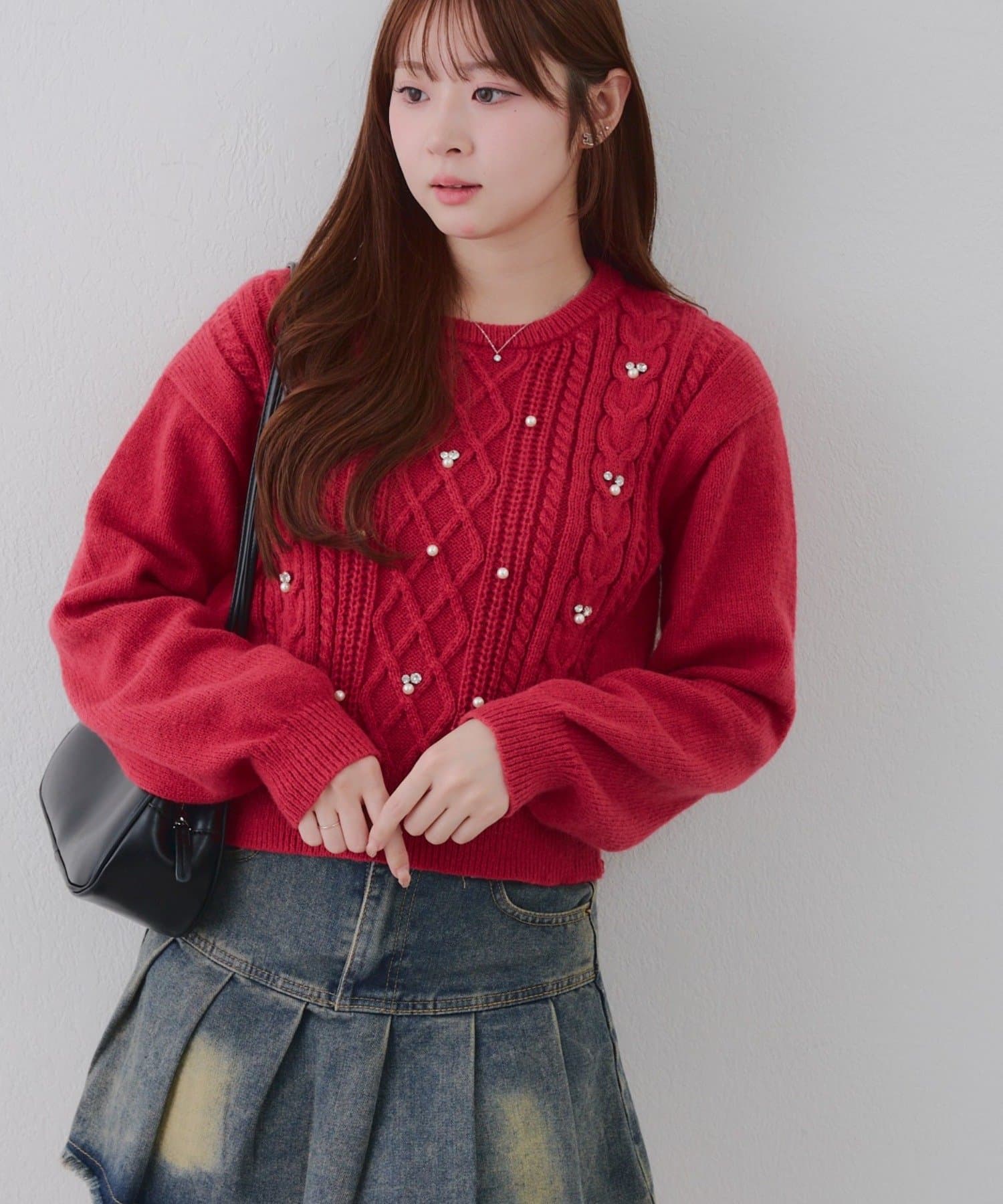 NICE CLAUP / OLIVE des OLIVE OUTLET(ナイスクラップ  / オリーブ デ オリーブ アウトレット) 【RMAF】パール付きケーブルニットプルオーバー