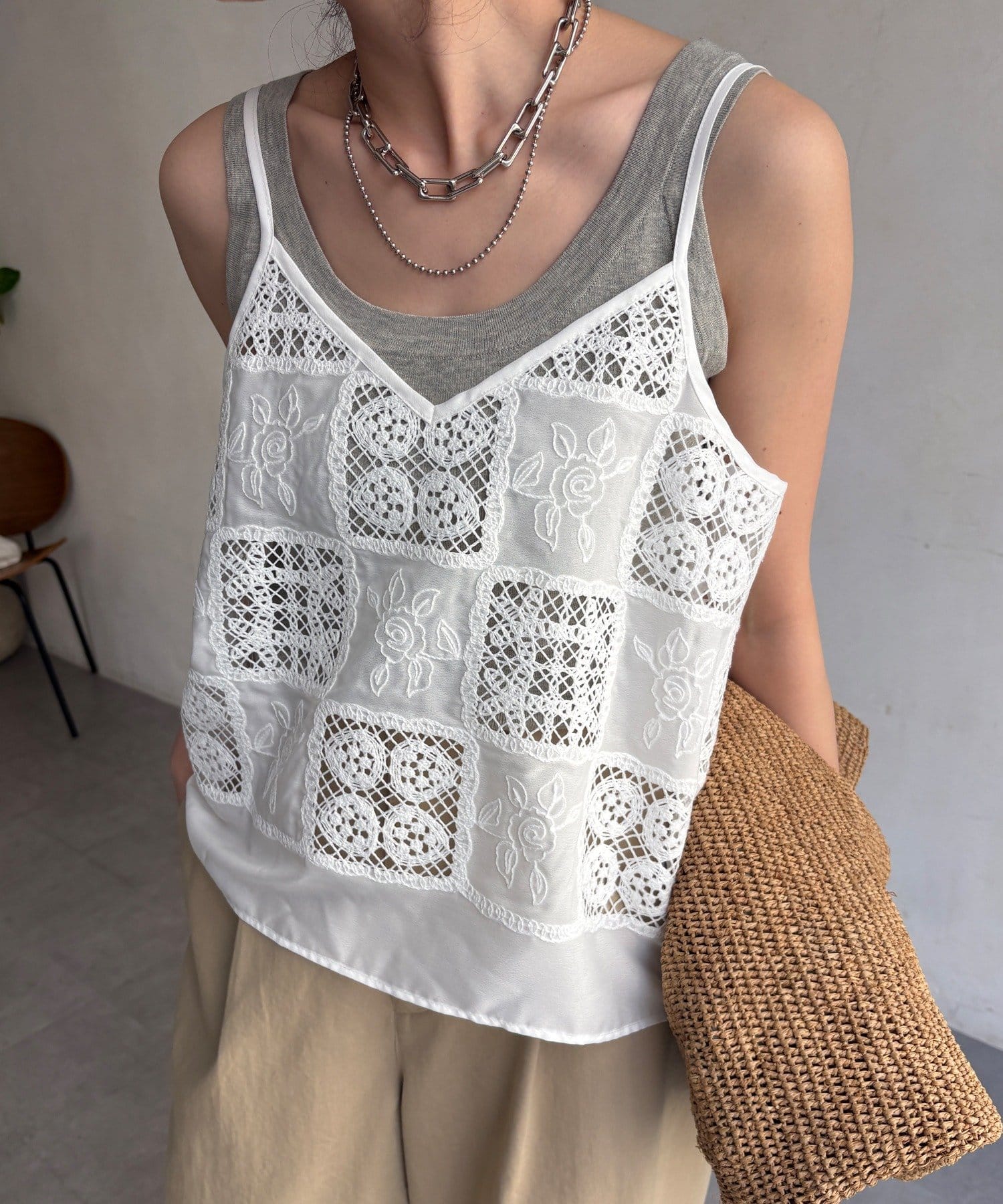 DOUDOU(ドゥドゥ) 【WEB限定】パッチワークレースキャミソール