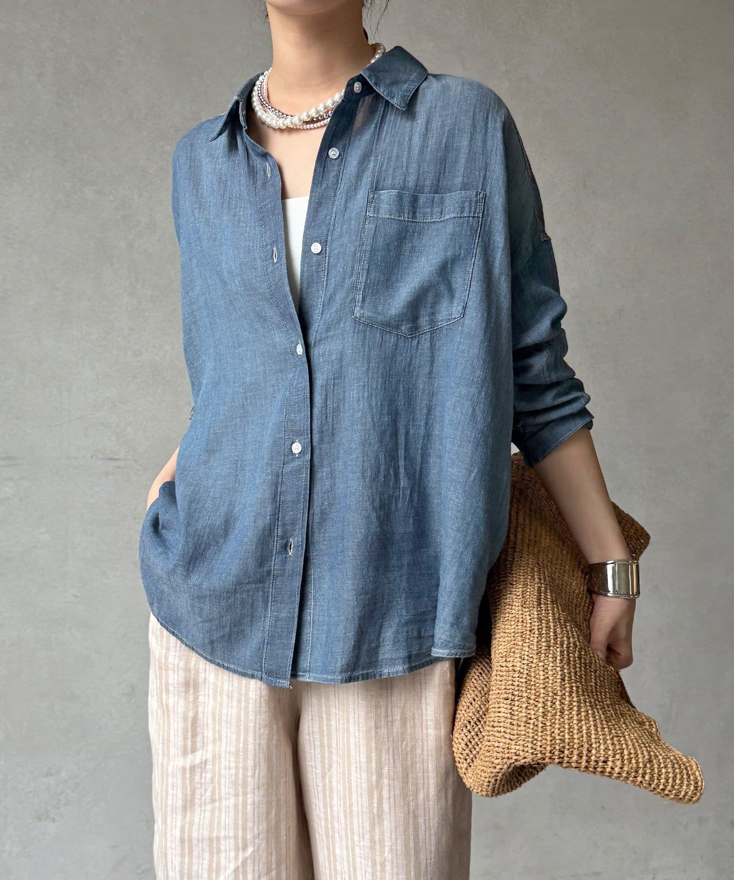 DOUDOU(ドゥドゥ) 【WEB限定】コットンボイルシアーデニムシャツ