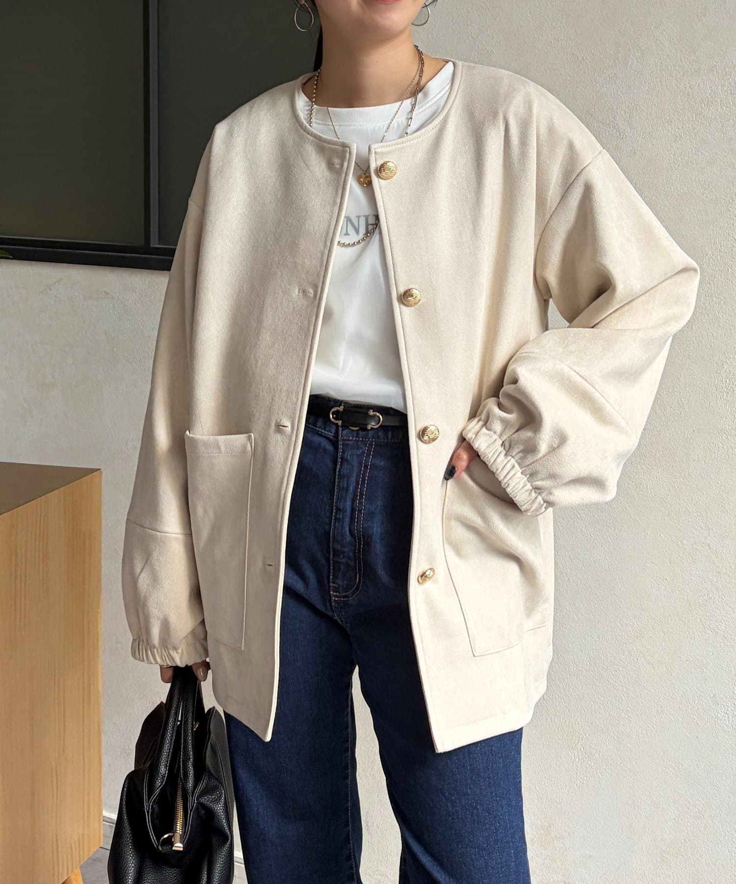 Chez toi(シェトワ) ノーカラースエードブルゾン