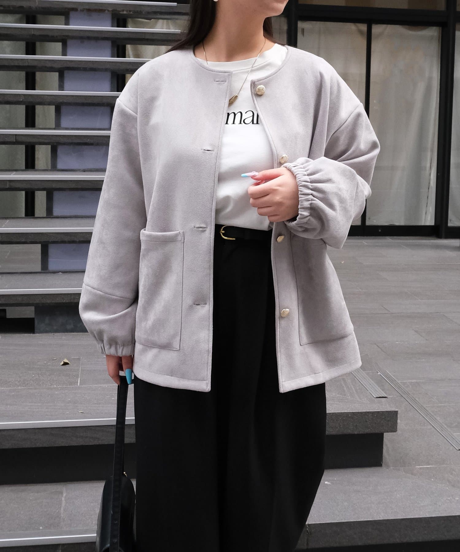 Chez toi(シェトワ) ノーカラースエードブルゾン