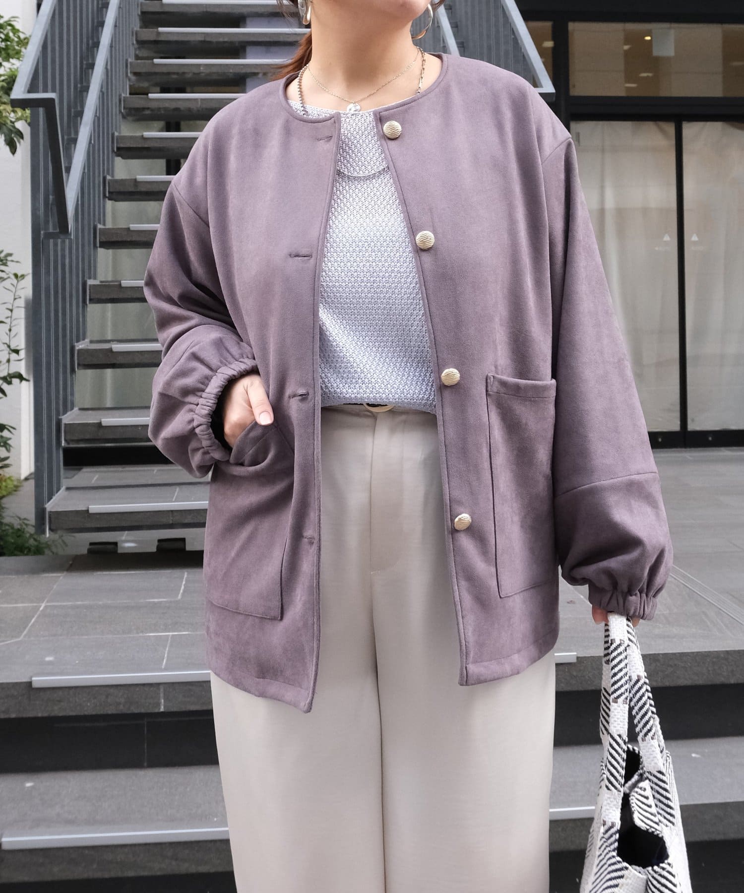 Chez toi(シェトワ) ノーカラースエードブルゾン