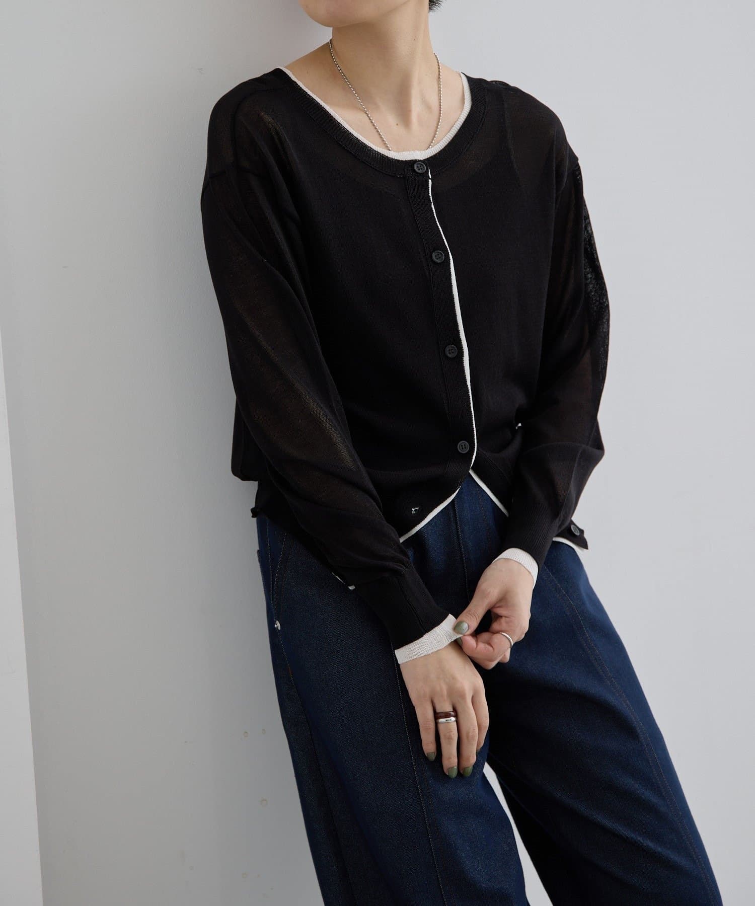 ear PAPILLONNER(イア パピヨネ) 《前後2WAY/レイヤード風/シアー/透け感》ラインシアーカーディガン【SUM1 STYLE(スミスタイル)】