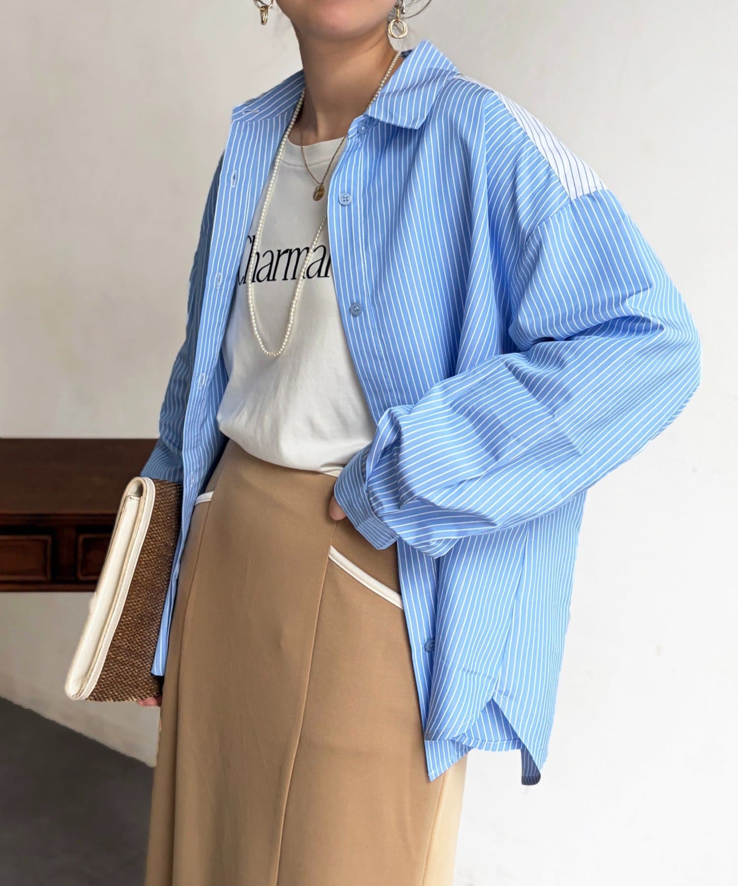 Chez toi(シェトワ) ストライプ後ろ切替ボタンシャツ