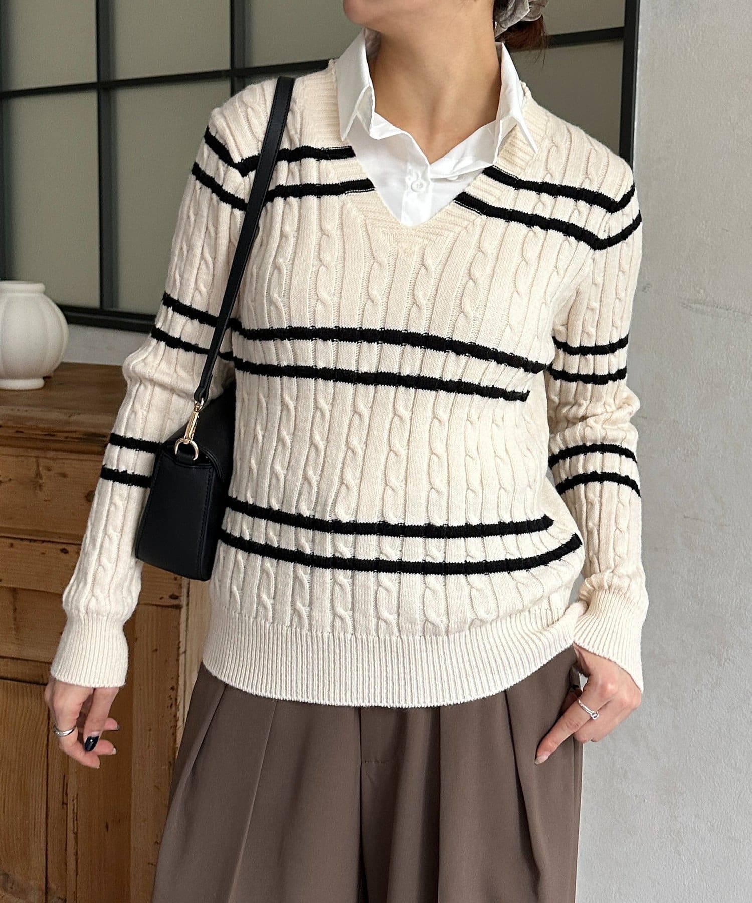 Thevon.(ゼヴォン) シャツドッキングケーブルボーダーニット