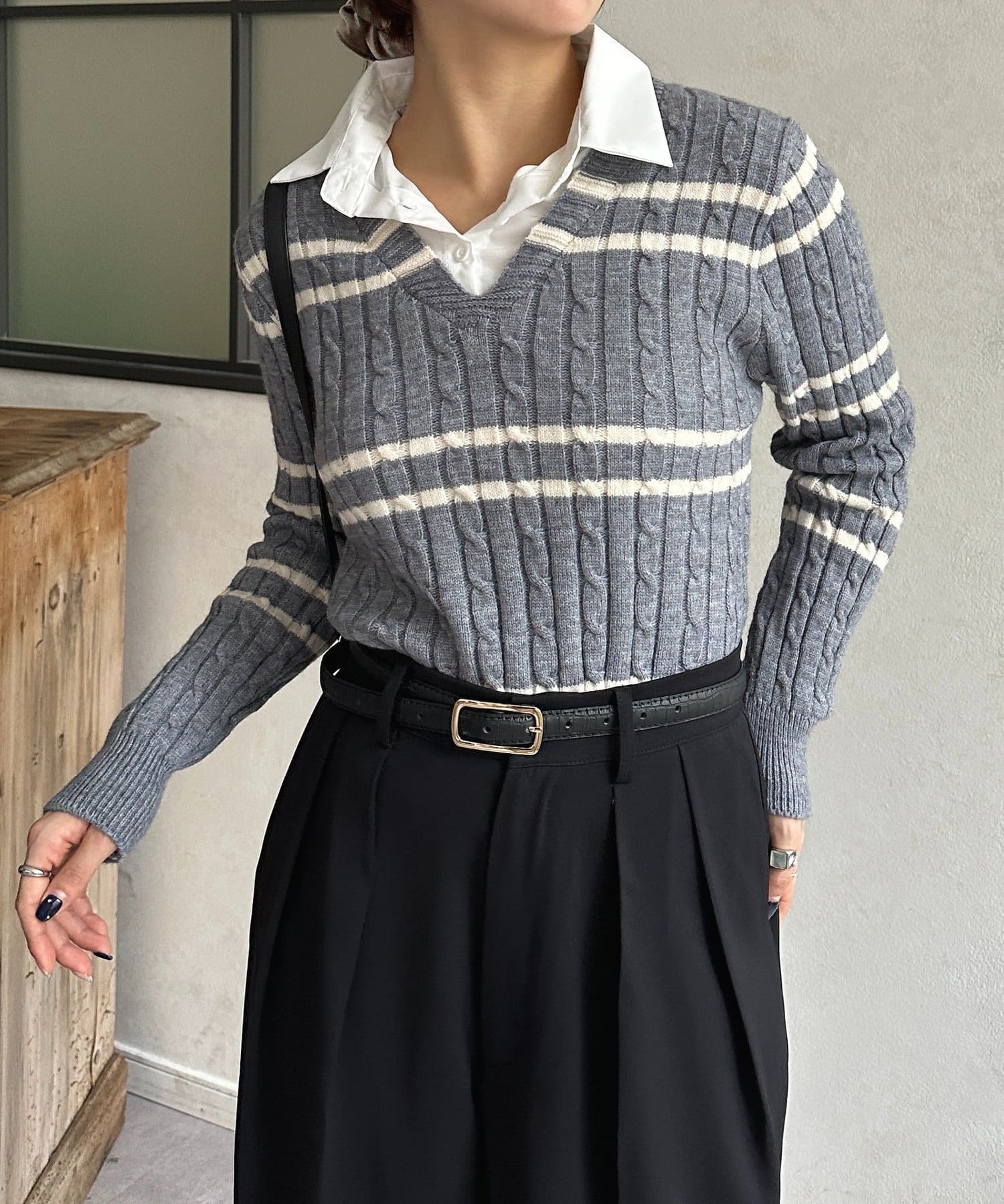 Thevon.(ゼヴォン) シャツドッキングケーブルボーダーニット