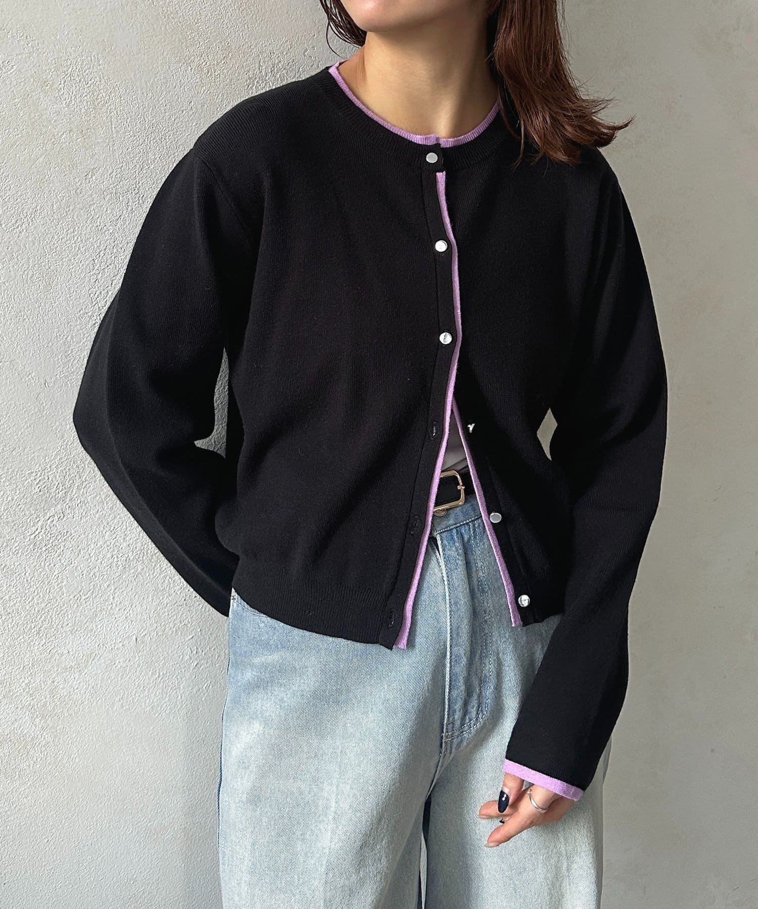 Thevon.(ゼヴォン) レイヤード風配色クルーニットカーディガン