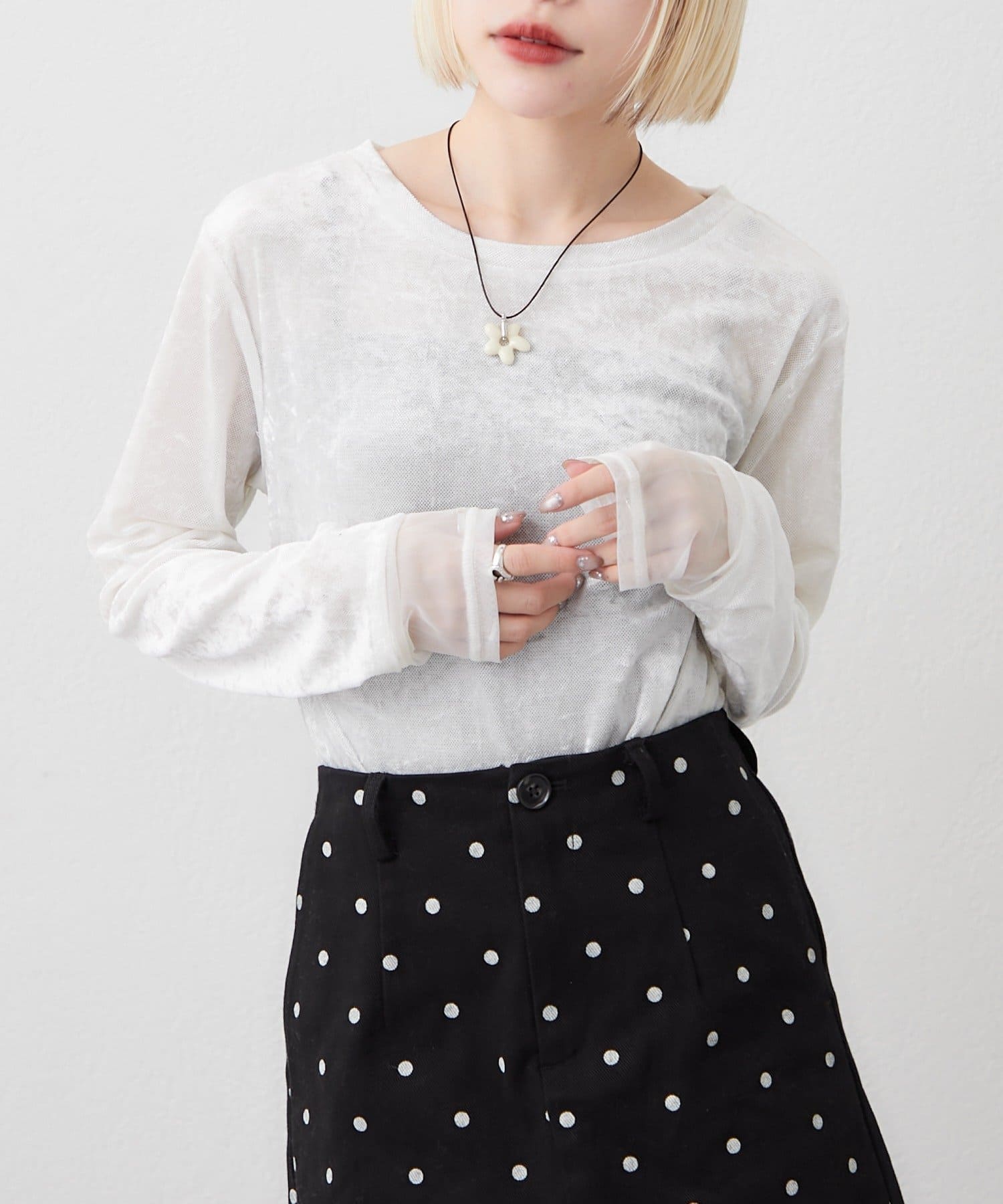 w closet(ダブルクローゼット) 袖チュールベロアロンT