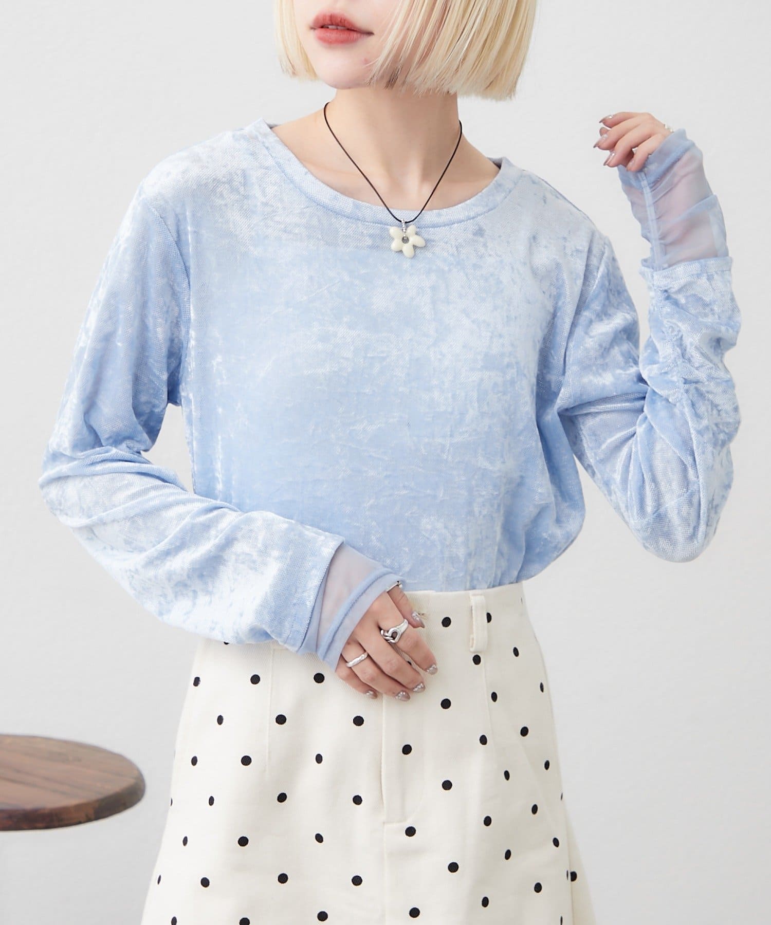 w closet(ダブルクローゼット) 袖チュールベロアロンT