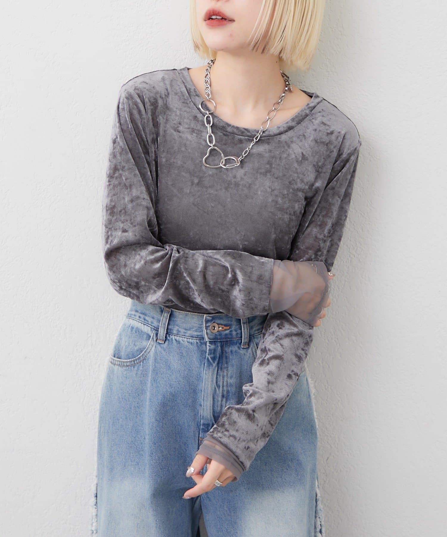 w closet(ダブルクローゼット) 袖チュールベロアロンT