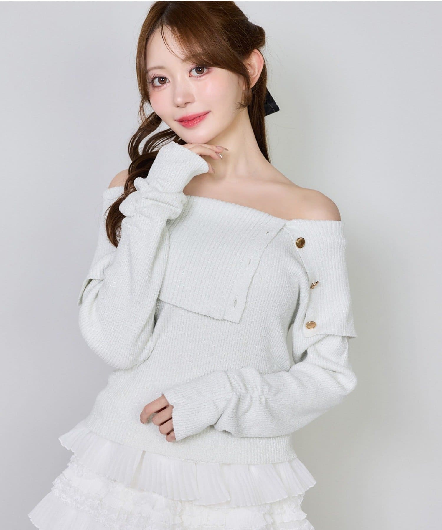 one after another NICE CLAUP(ワンアフターアナザー ナイスクラップ) オフショルラメニット