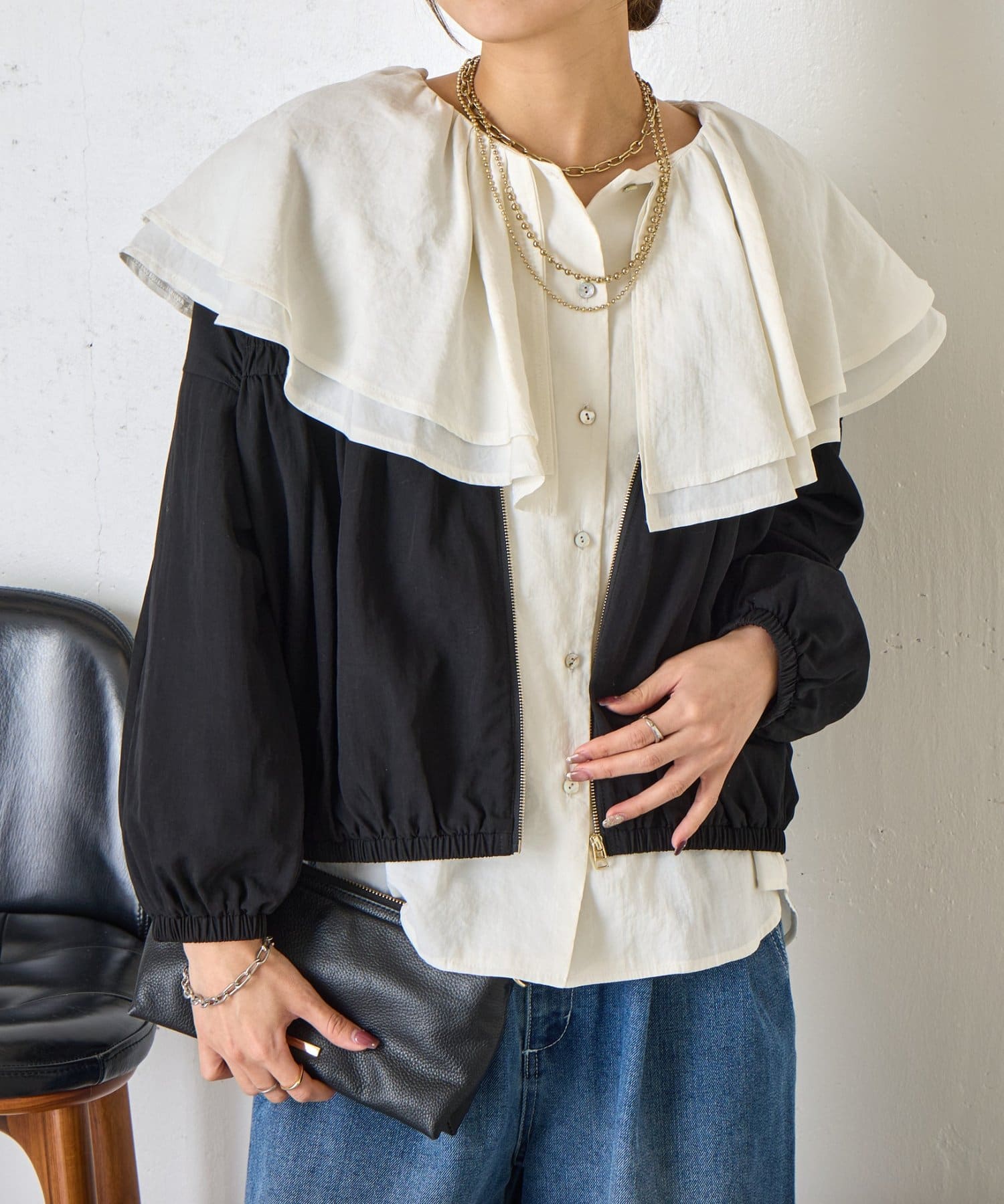 Jena　espace merveilleux(ジェナ　エスパスメルヴェイユ) 【さっと羽織れる】レーヨンナイロンギャザー切替ブルゾン