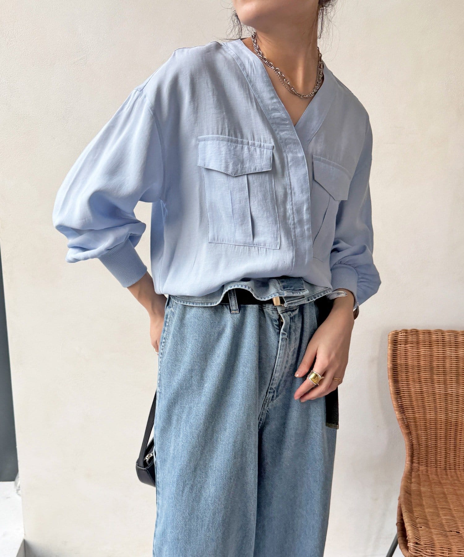 DOUDOU(ドゥドゥ) 【WEB限定】ノーカラーブルゾンライクシャツ