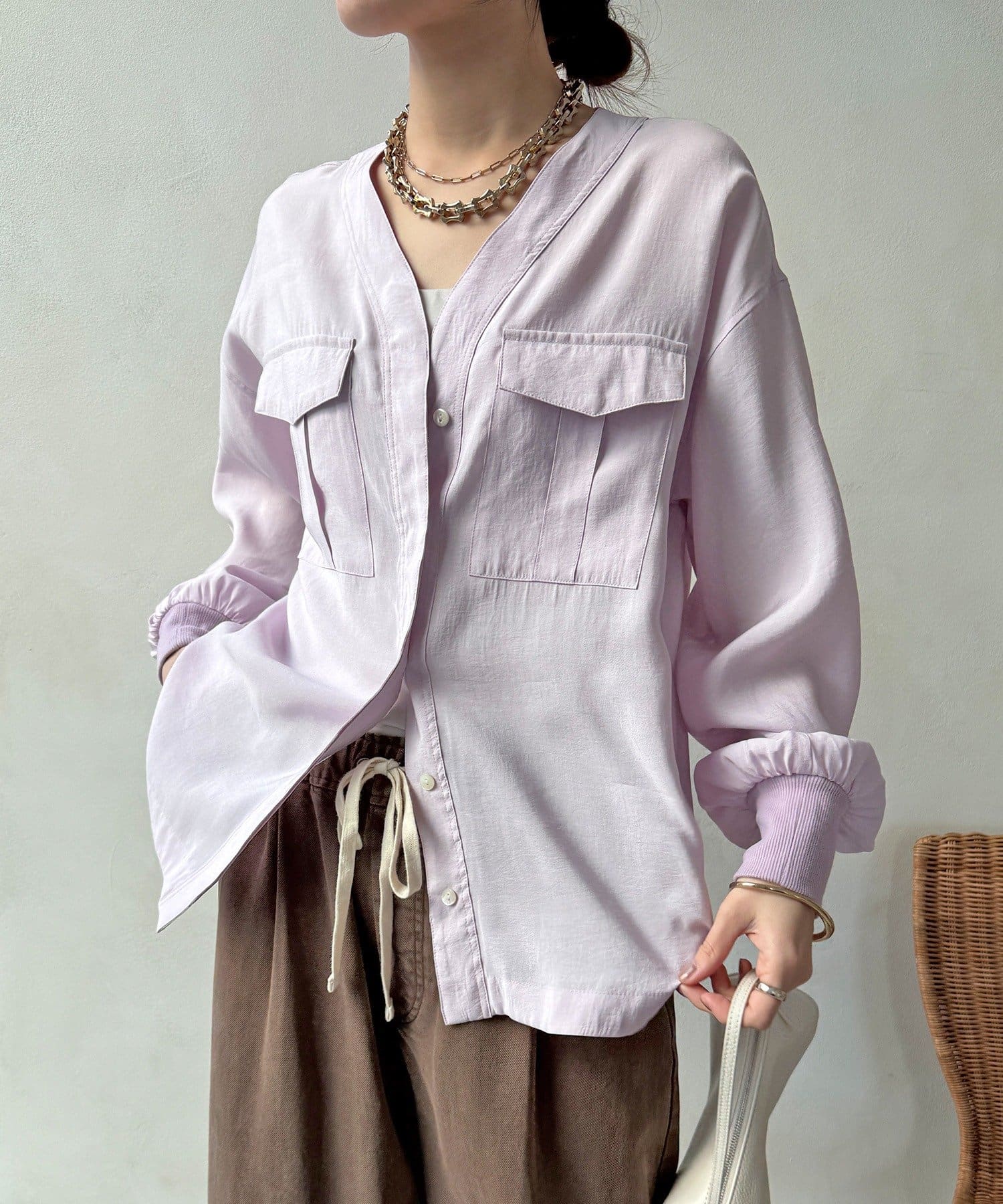 DOUDOU(ドゥドゥ) 【WEB限定】ノーカラーブルゾンライクシャツ