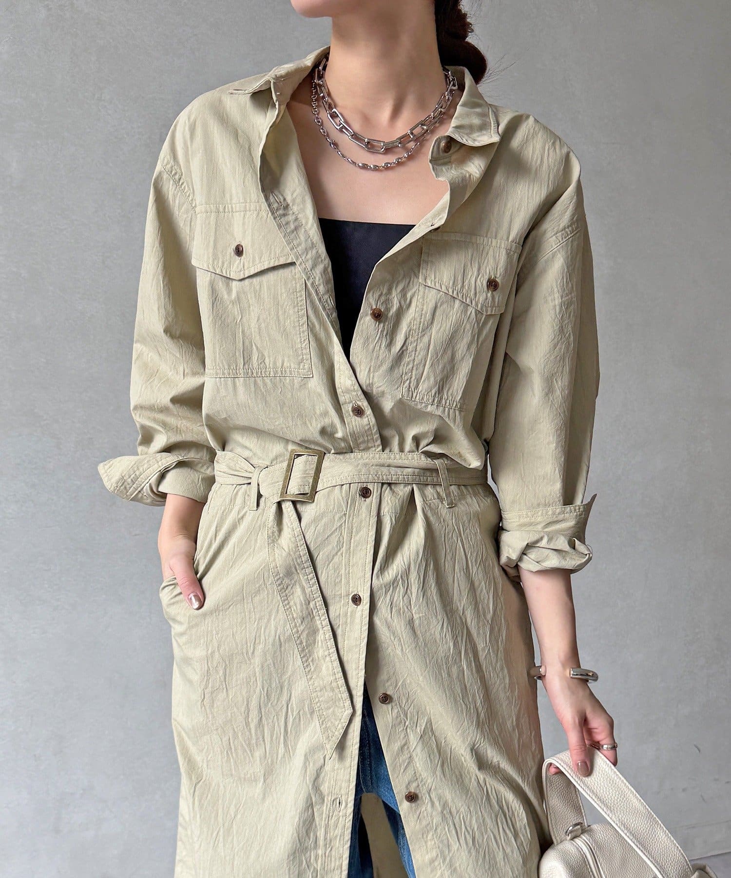 DOUDOU(ドゥドゥ) 【WEB限定】ワイヤーカラーロングシャツワンピース